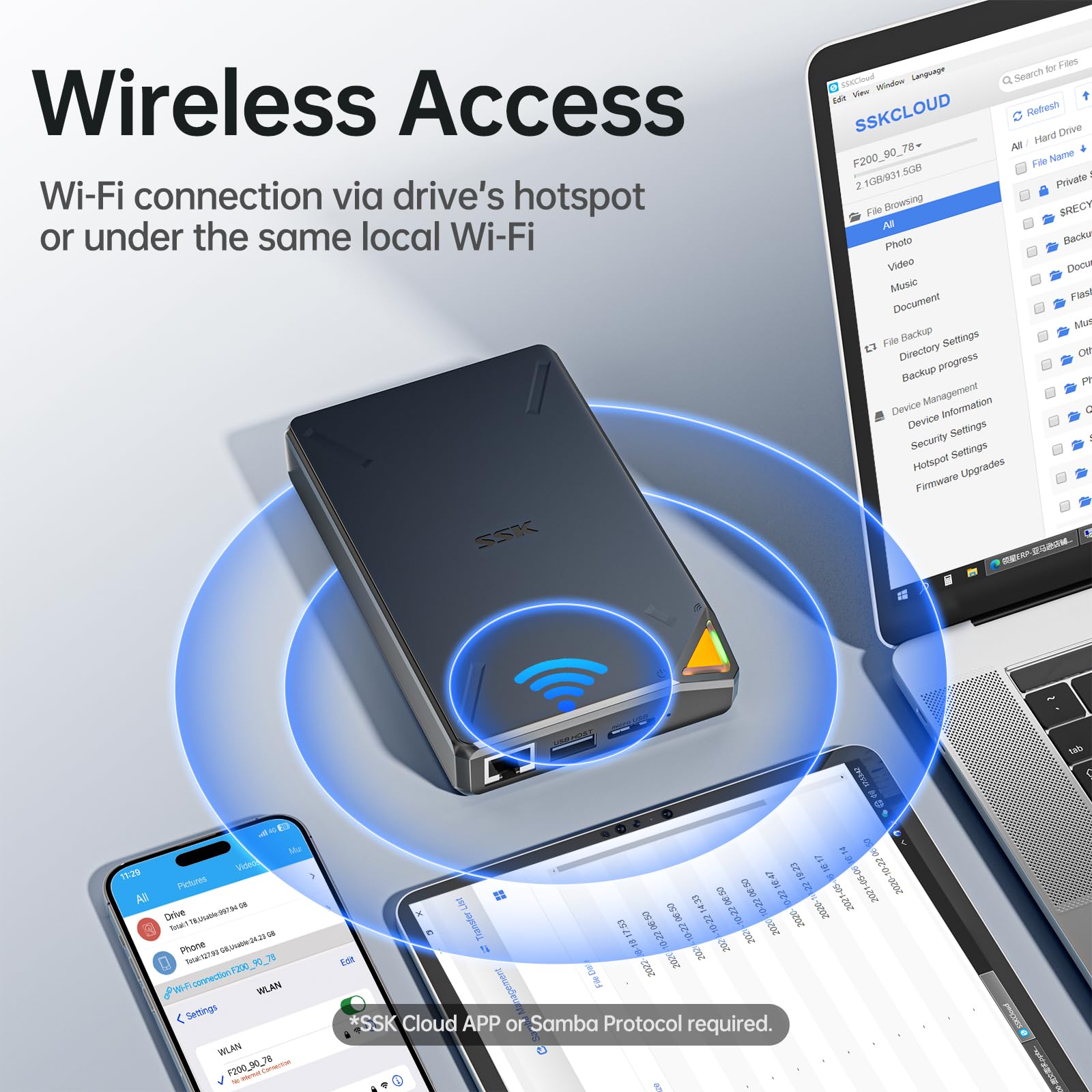 SSK 2TB Portable External SSD with Wi-Fi Hotspot | Wireless Personal Cloud Storage for Auto-Backup | Remote Access for Phone, Tablet & Laptop | Perfect for Travel, Work & Home Data Backup