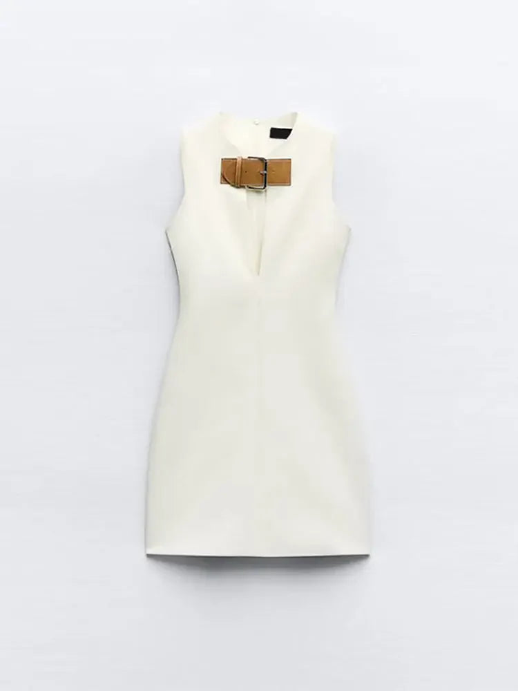 Elegant Solid Slim Sleeveless White Mini Dress for Women - Sexy Hollow Out Leather Buckle Short Vestidos - Chic Ladies Streetwear for Party, Club, Date Night & Summer Outfits