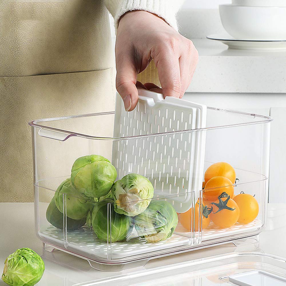 Fresh Produce Storage Containers for Refrigerator & Freezer - 2 Pack Airtight Food Saver Bins with Lids & Removable Drain Tray - Perfect for Fruits, Vegetables & Meal Prep Organization - Ideal for Kitchen, Pantry & Refrigerator Storage