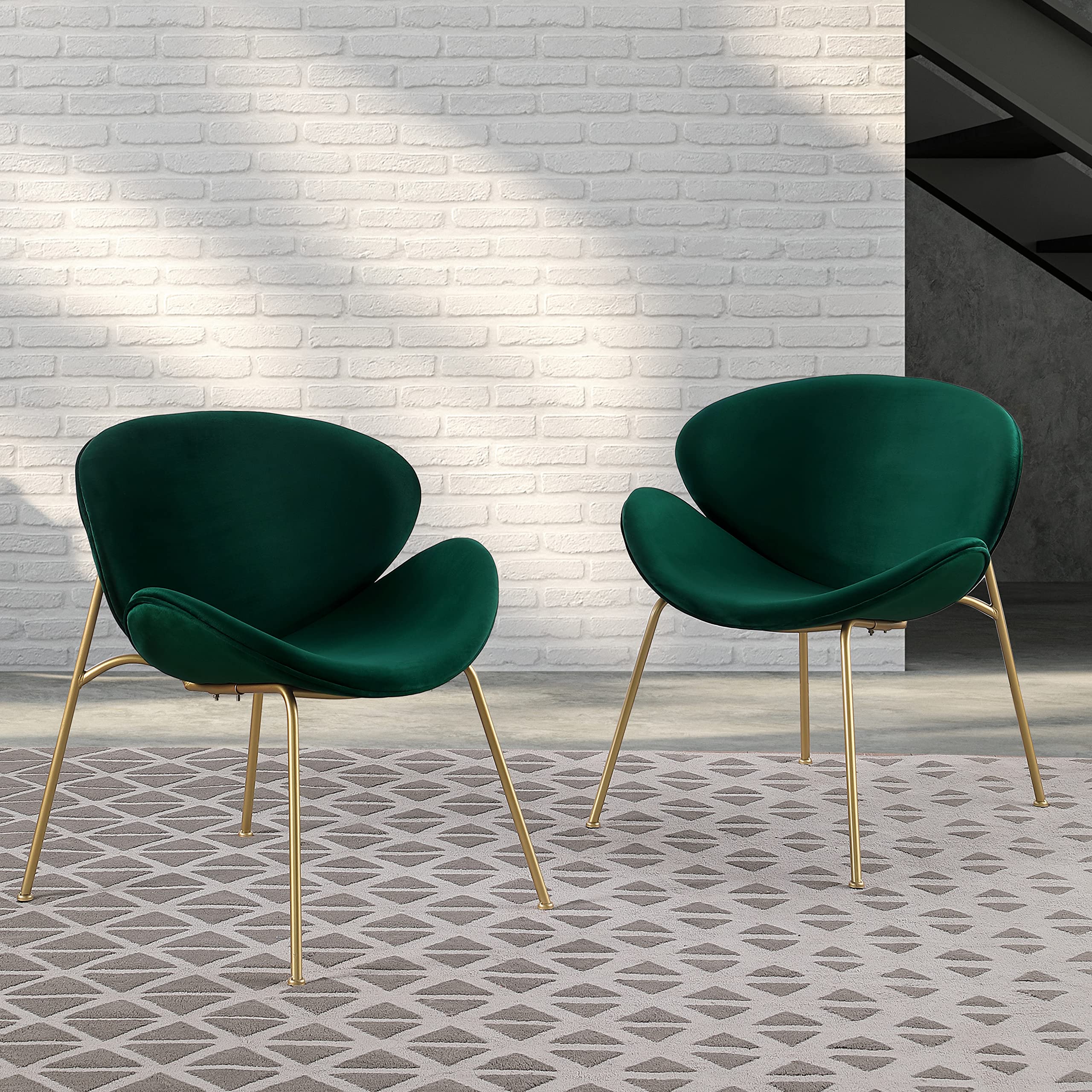 Yoluckea Velvet Vanity Chair Set of 2 - Modern Upholstered Accent Chairs with Gold Metal Legs for Living Room, Bedroom, Makeup Desk | Elegant Arced Seat & Back Design | Perfect for Dining Room, Kitchen, Home Office Decor (Green)