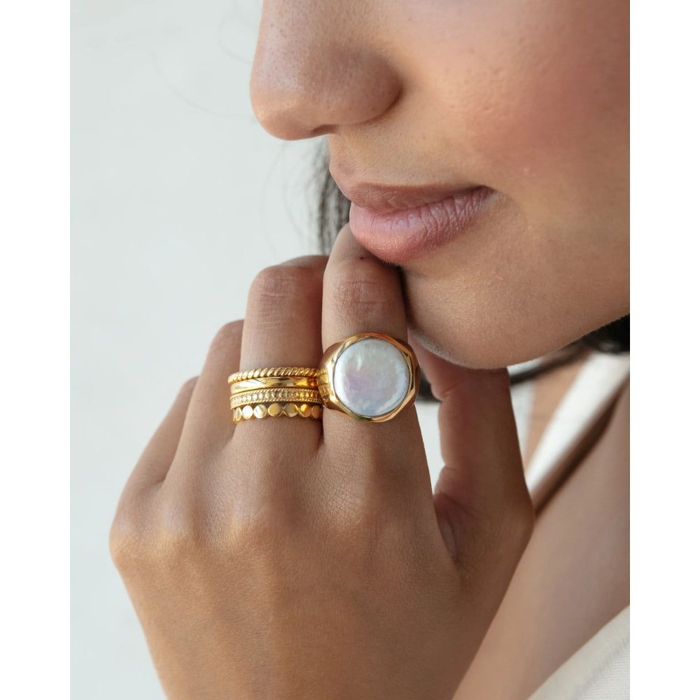 Anna Beck Large Wavy Coin Pearl Signet Ring - Elegant Gold-Tone Statement Jewelry for Women | Perfect for Weddings, Parties & Everyday Luxury