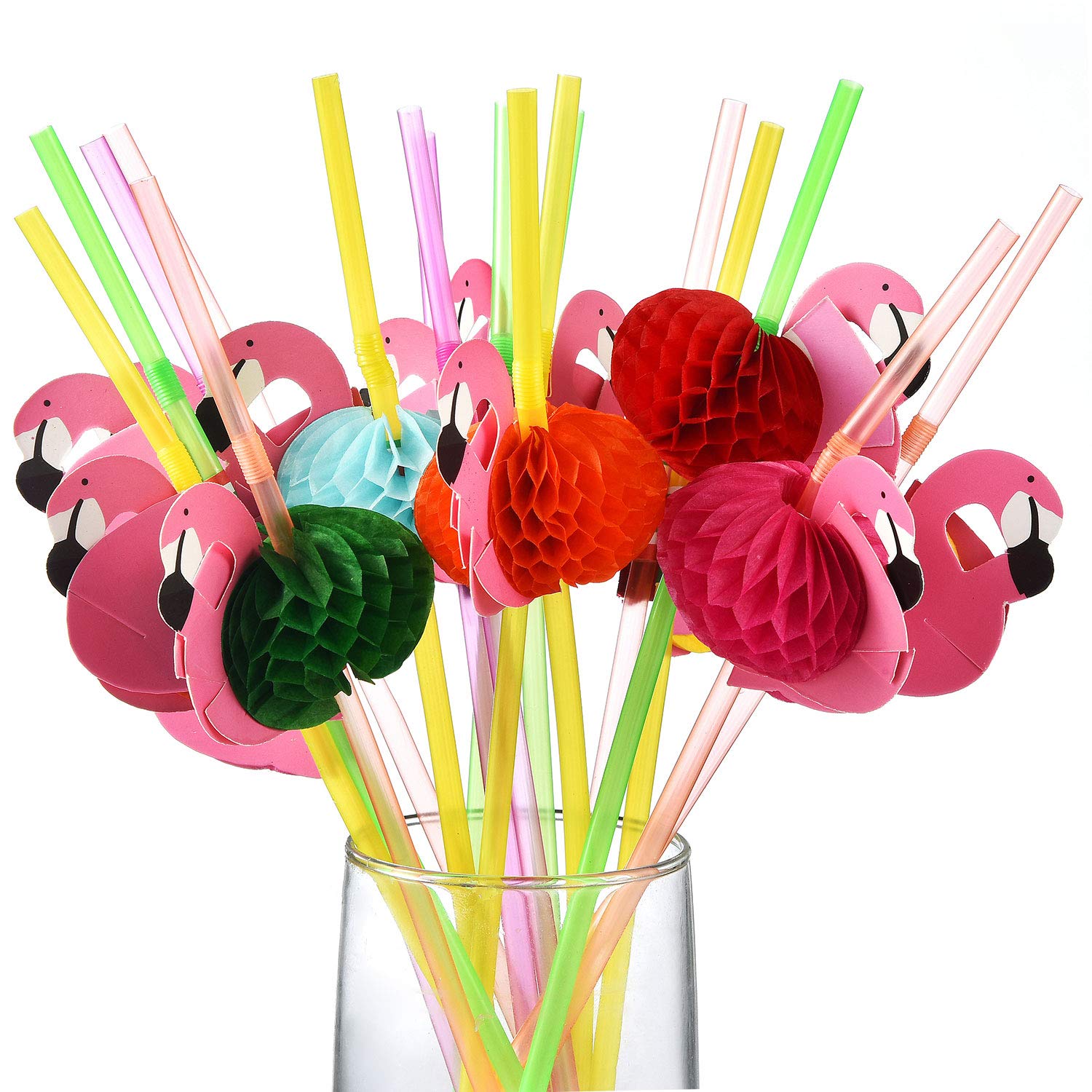 ALINK 50 Flamingo Straws - Colorful Plastic Drinking Straws for Tropical Luau Party, Hawaiian Birthday, Pool Party Decorations - Perfect for Summer Cocktails, Beach Themed Events and Tropical Drink Accessories