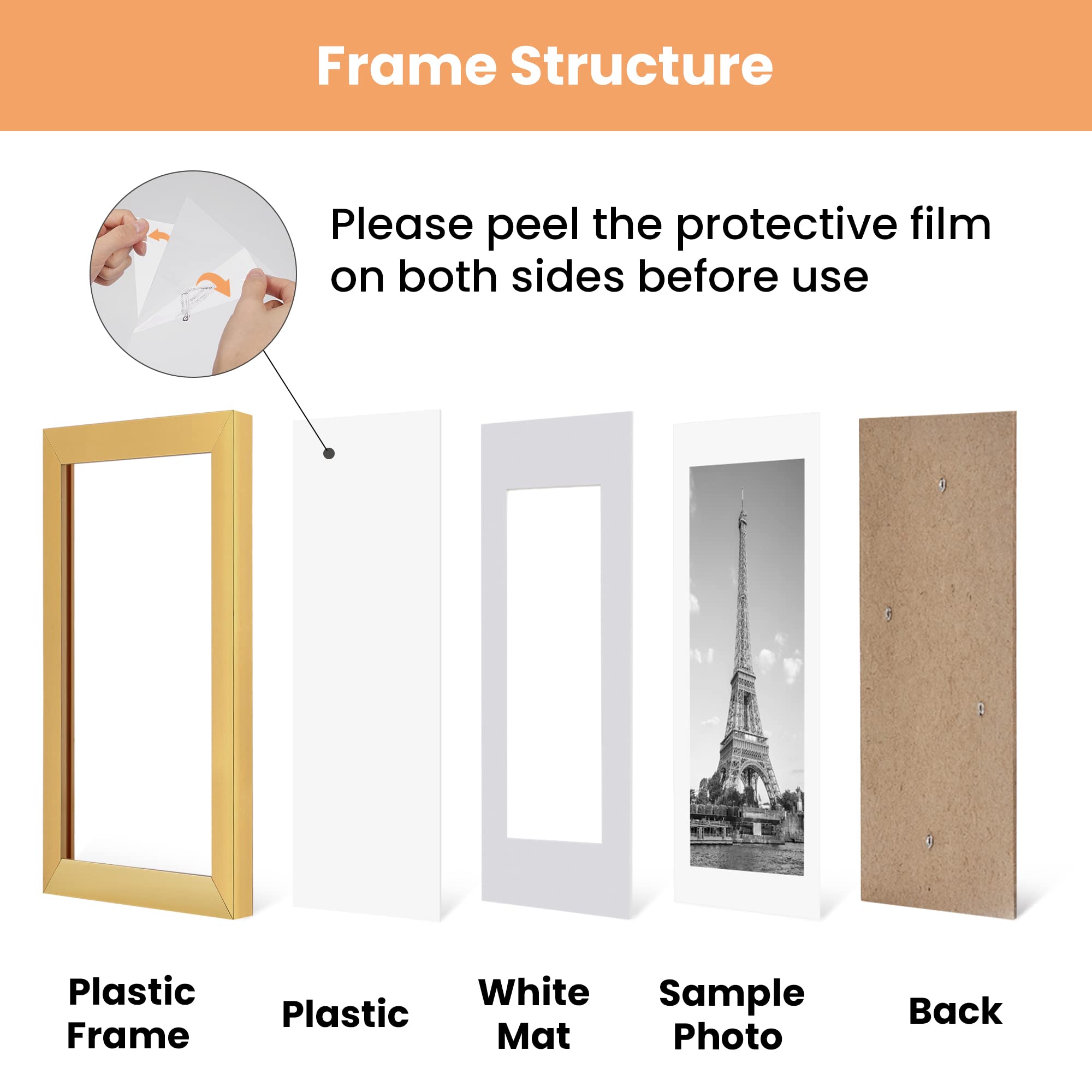 11x14 Glass Picture Frame Set of 3 & Plastic Frame Set of 5 - Gold Wall Photo Frames for Home Decor, Office Display, and Wedding Photos