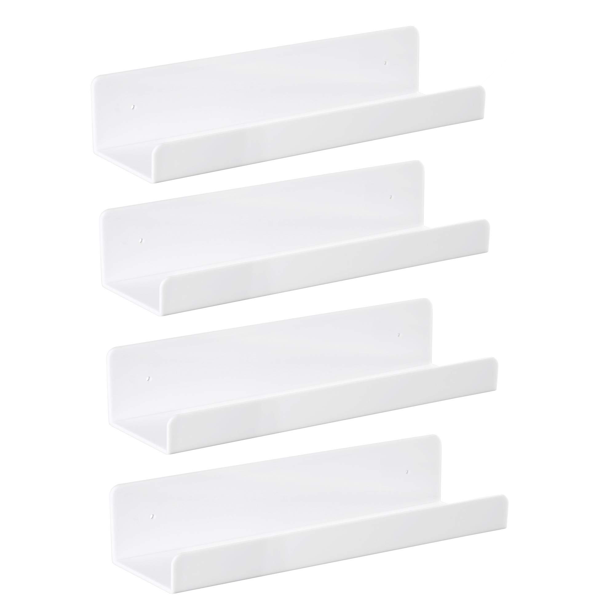 IEEK 15 Inch White Acrylic Floating Wall Shelf - Set of 4 | Modern Wall Mounted Bookshelf for Nursery, Kids Room, Office & Bathroom | 5MM Thick Display Organizer for Books, Decor & Storage | Perfect for Home Organization & Stylish Space Saving Solutions