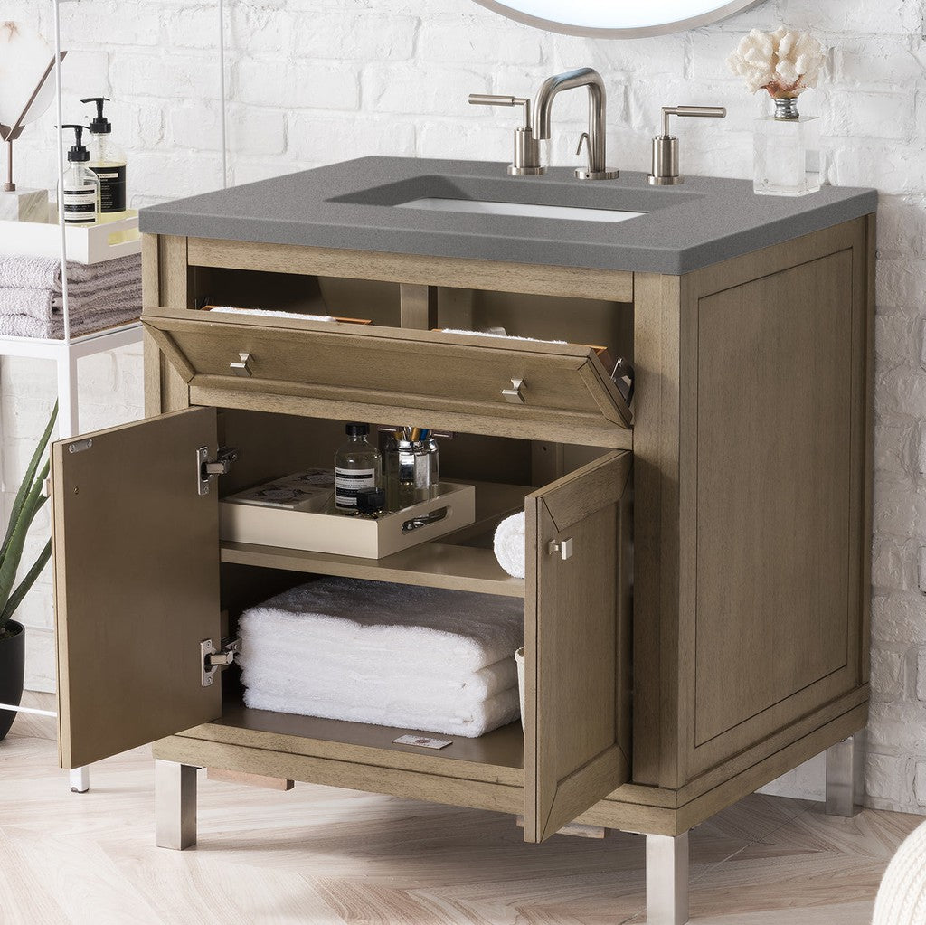 James Martin Vanities Chicago Collection 30-Inch Single Bathroom Vanity in Whitewashed Walnut with Countertop Options - Perfect for Modern Bathroom Renovations & Small Space Solutions