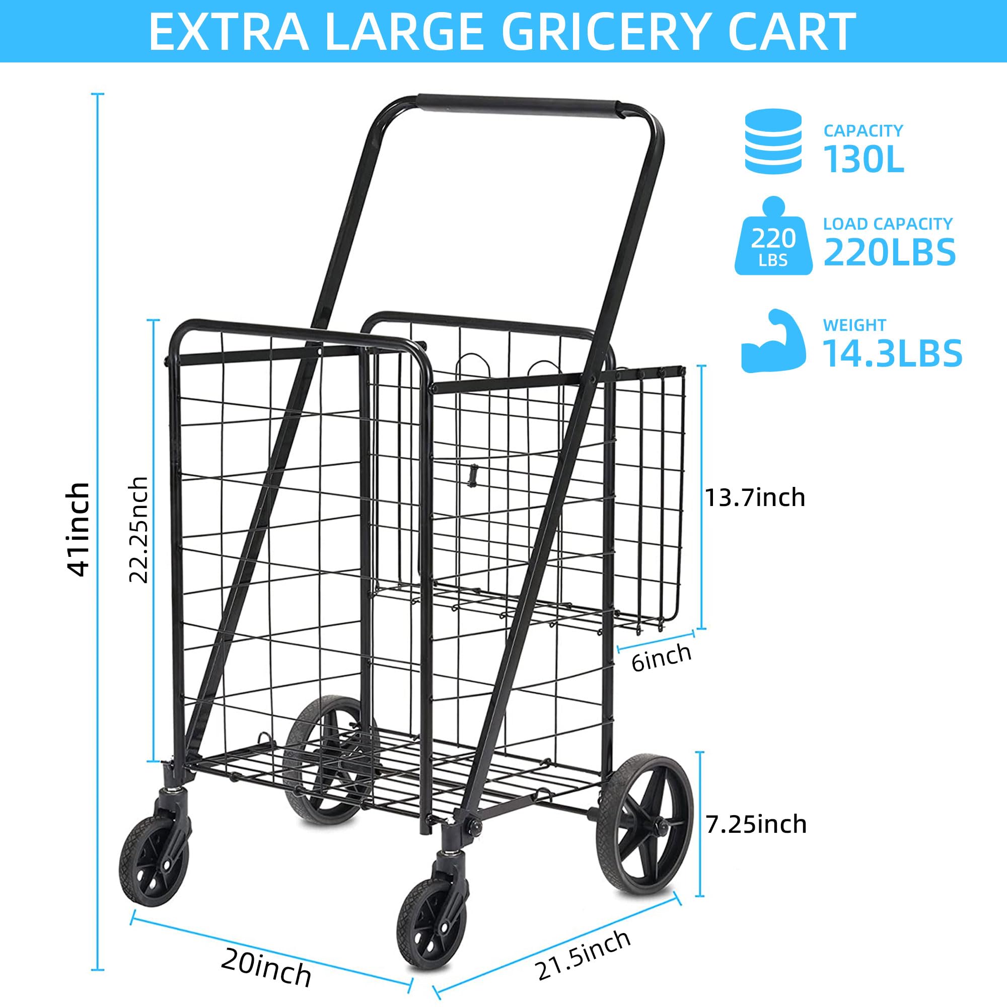 Foldable Heavy Duty Grocery Cart with Removable Liner - 360° Rolling Wheels & 220lb Capacity - Lightweight Shopping Trolley for Seniors & Laundry - Perfect for Grocery Shopping, Market Trips & Home Organization (Black)