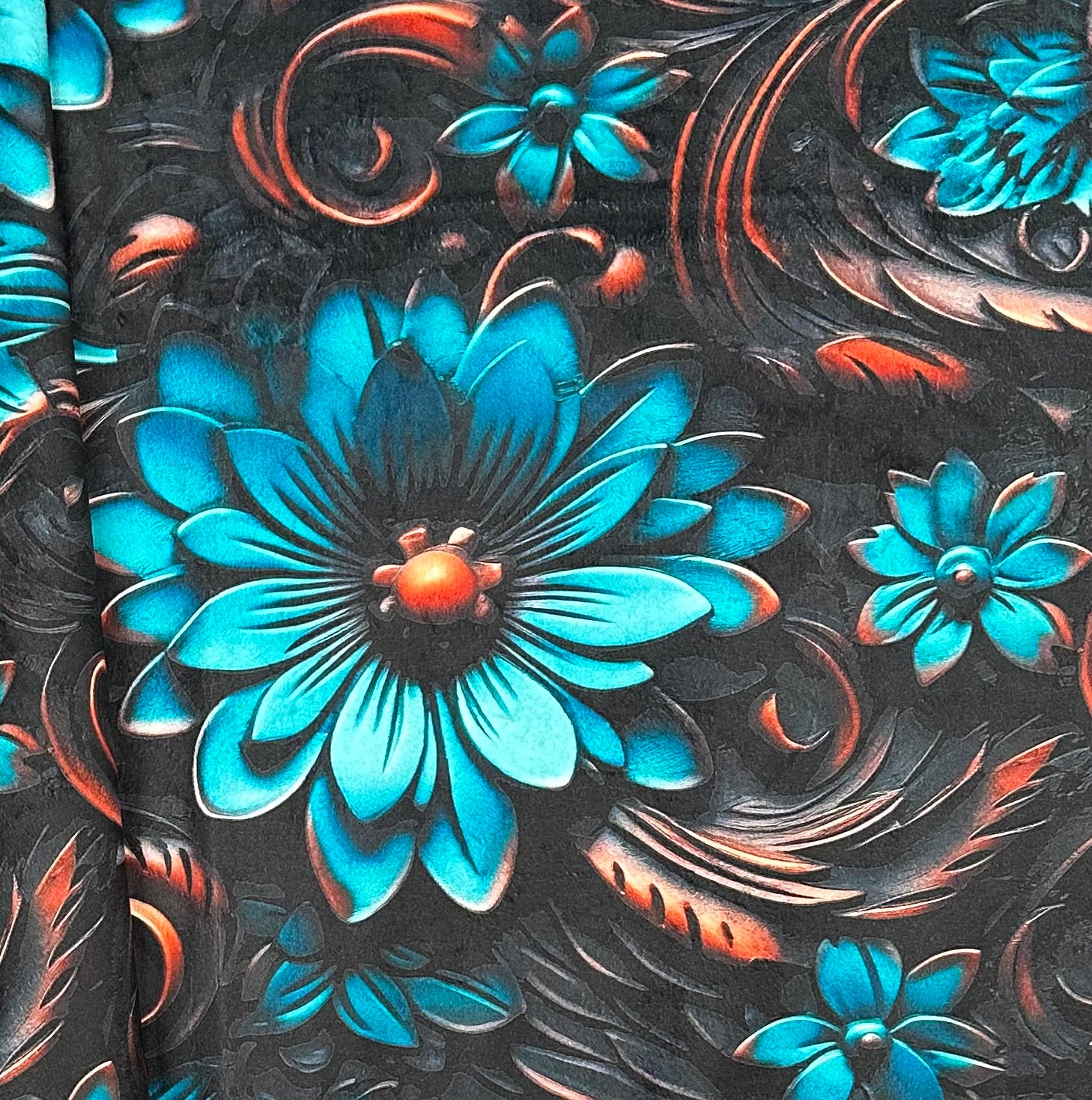 Hand-Tooled Leather Turquoise Floral Design Luxury Minky Blanket 55x79 Inches - Soft Large Throw Blanket for Bed, Sofa & Home Decor