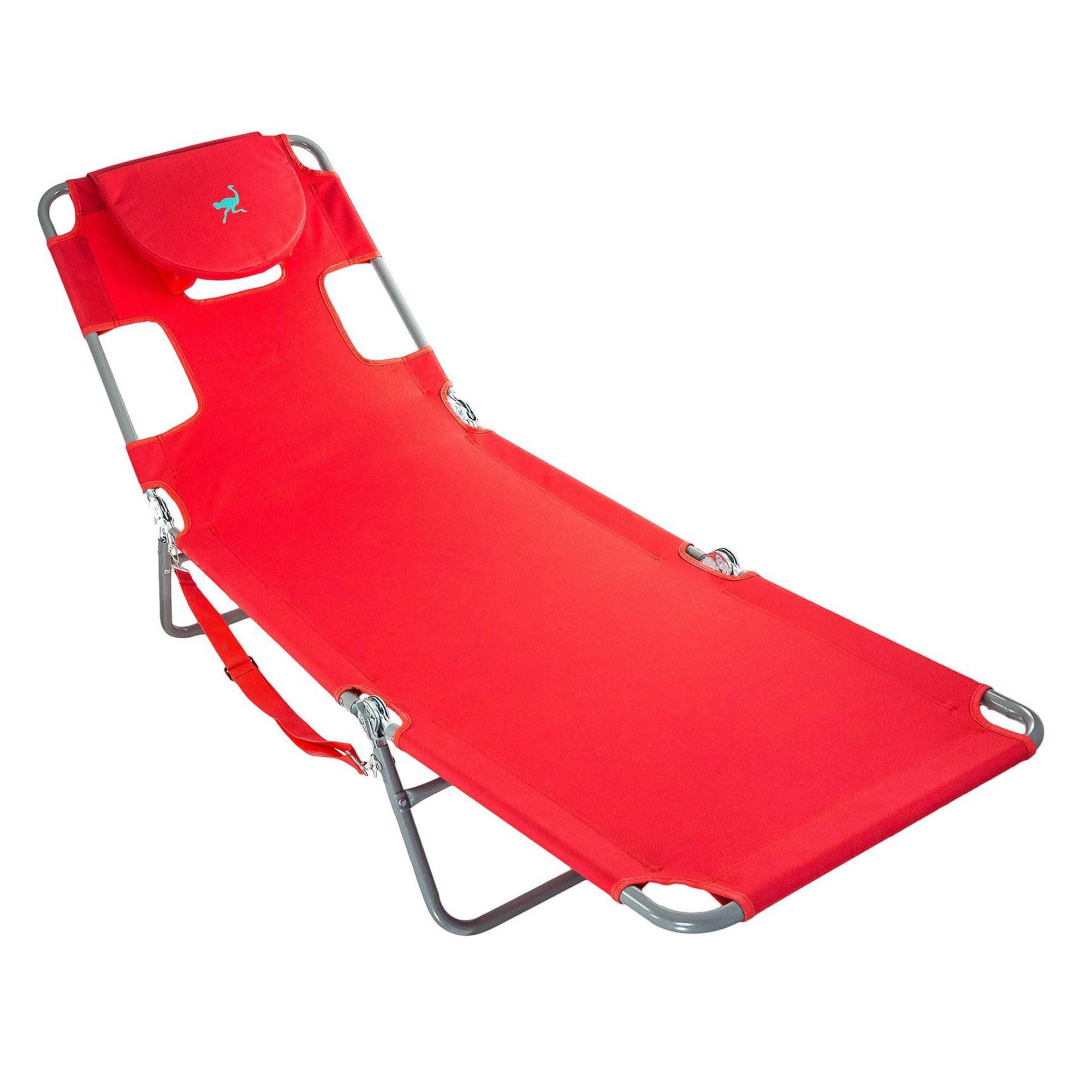 Ostrich Chaise Folding Steel Frame Beach Lounger - 5 Position Adjustable Reclining Outdoor Camping Lawn Chair with Portable Carry Strap - Perfect for Beach, Poolside, Backyard & Picnic (Red)