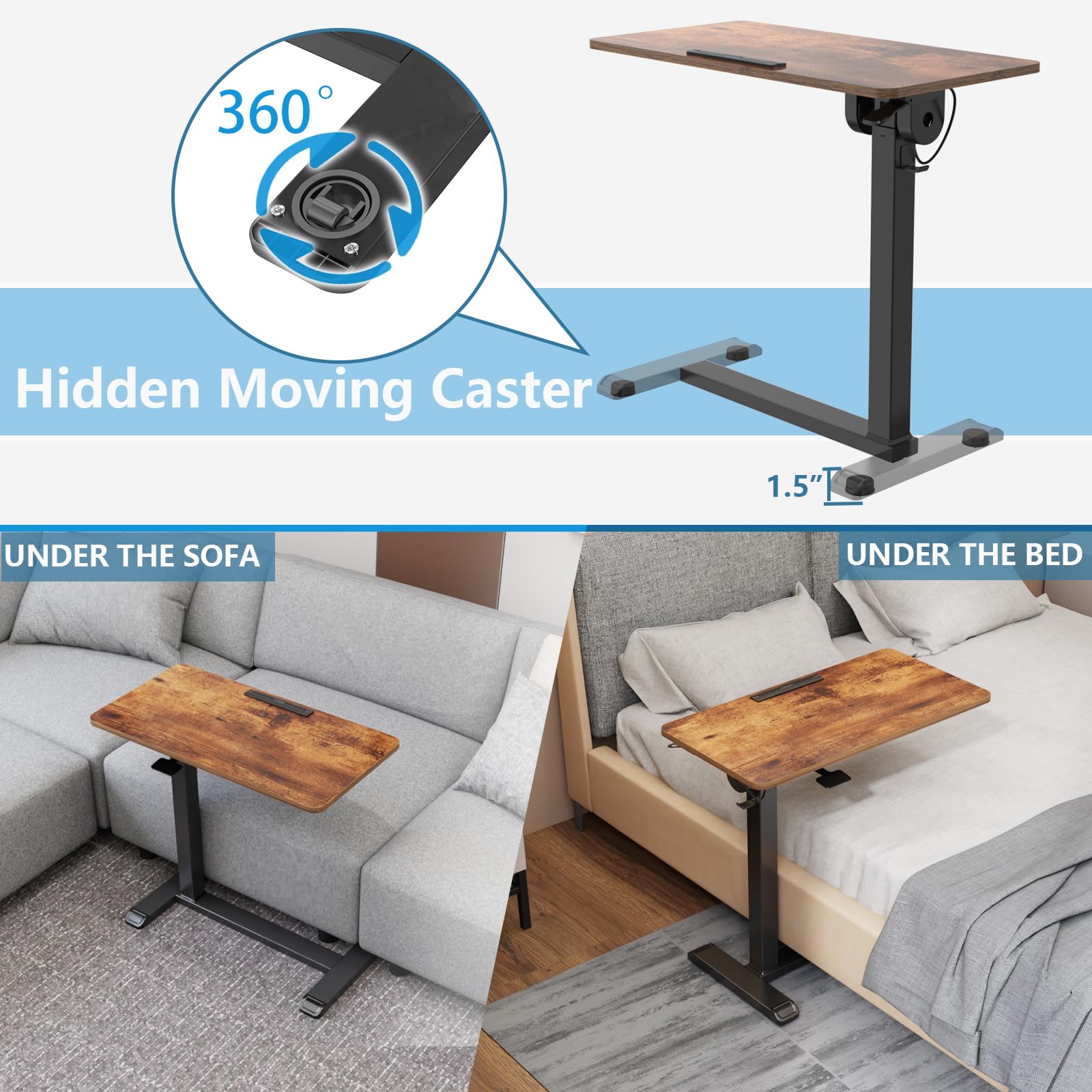 Adjustable Overbed Table with Wheels - 90° Tilting Desktop, Foldable Hospital Bed Table for Medical Use (Walnut) - Perfect for Eating, Working, or Reading in Bed or Recliner