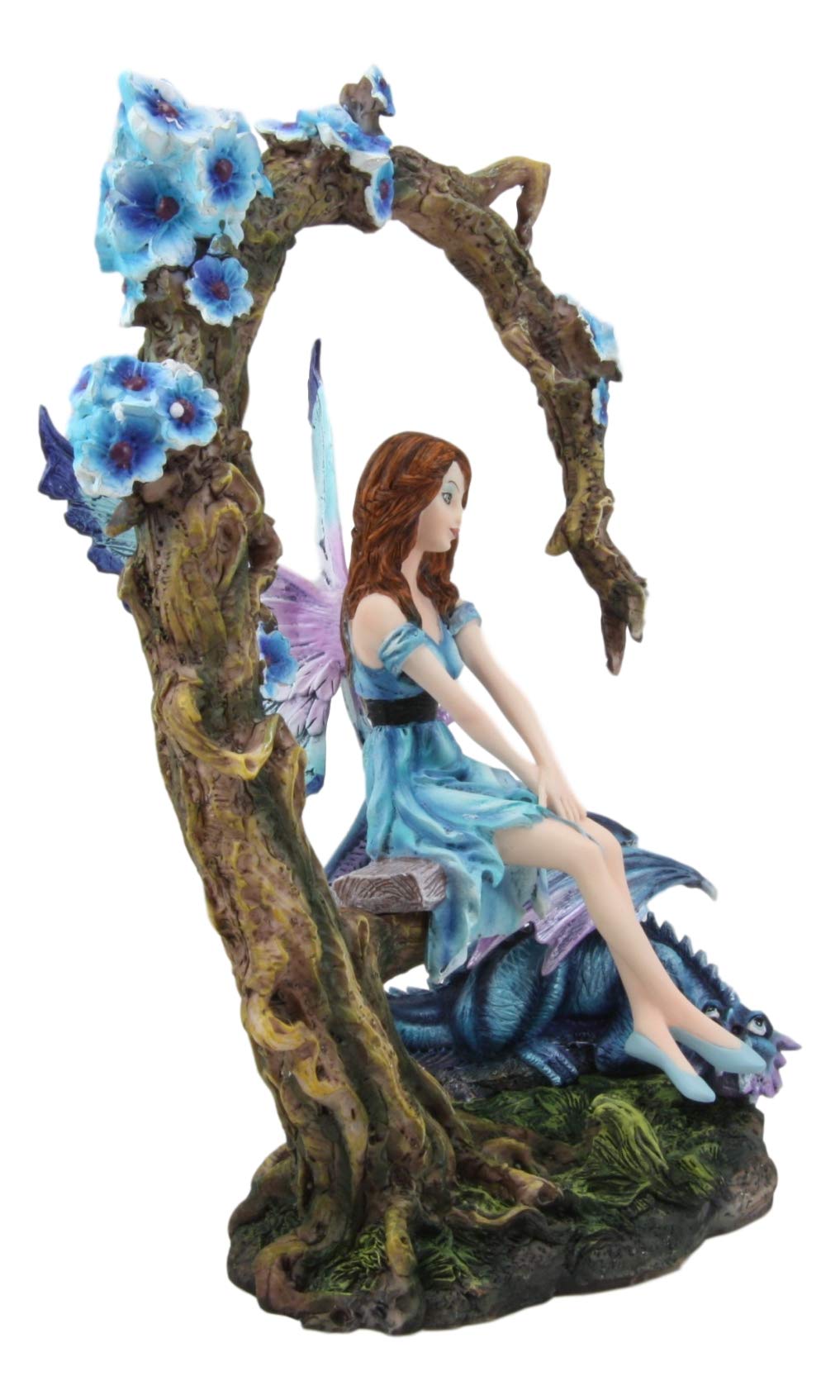 Ebros Amy Brown Blue Pretty Damsel Fairy Sitting on Tree Swing with Pet Dragon Wyrmling Statue - 10.75