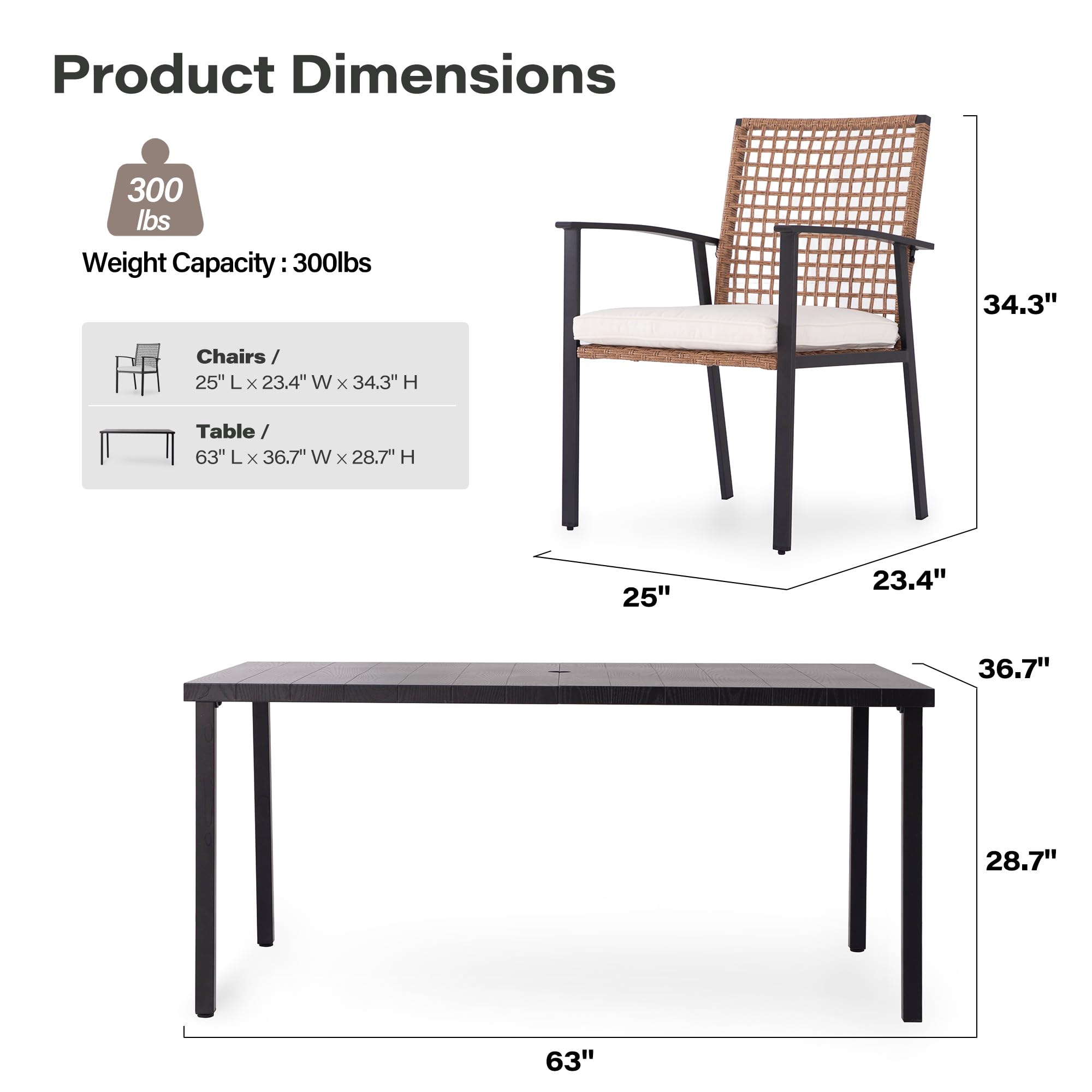 LAUSAINT HOME 7-Piece Patio Dining Set - Outdoor Furniture with 6 Chairs & Iron Table (Umbrella Hole) - Weather-Resistant Backyard, Garden, Poolside Conversation Set for Relaxing & Entertaining