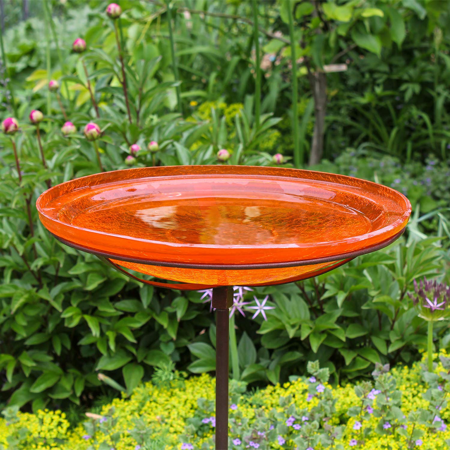 Achla Designs 14-inch Crackle Glass Birdbath Bowl with Stake - Decorative Garden Bird Feeder for Outdoor Patio, Yard & Backyard Decor - Attracts Wild Birds for Bird Watching