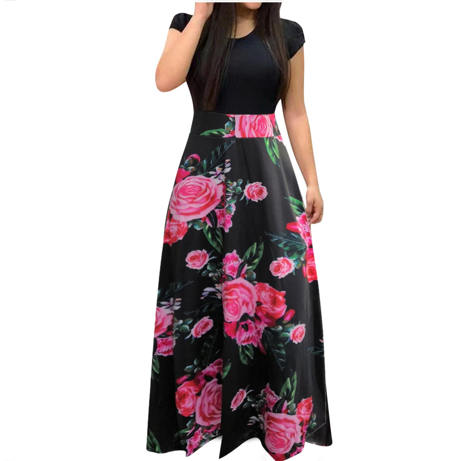 Ylioge Women's Floral Boho Maxi Dress - Short Sleeve Casual Long Dress for Summer, Beach, Vacation & Outdoor Events