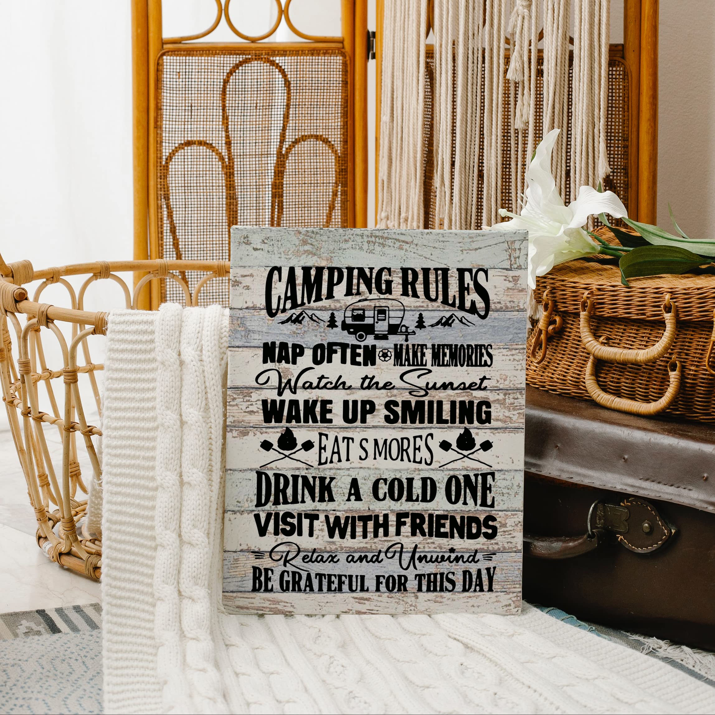 11x14 Inch Camping Rules Canvas Wall Art - Framed RV Decor for Campers, Trailers & Bathrooms - Perfect Camper Lover Gift for Home, Cabin & Outdoor Enthusiasts