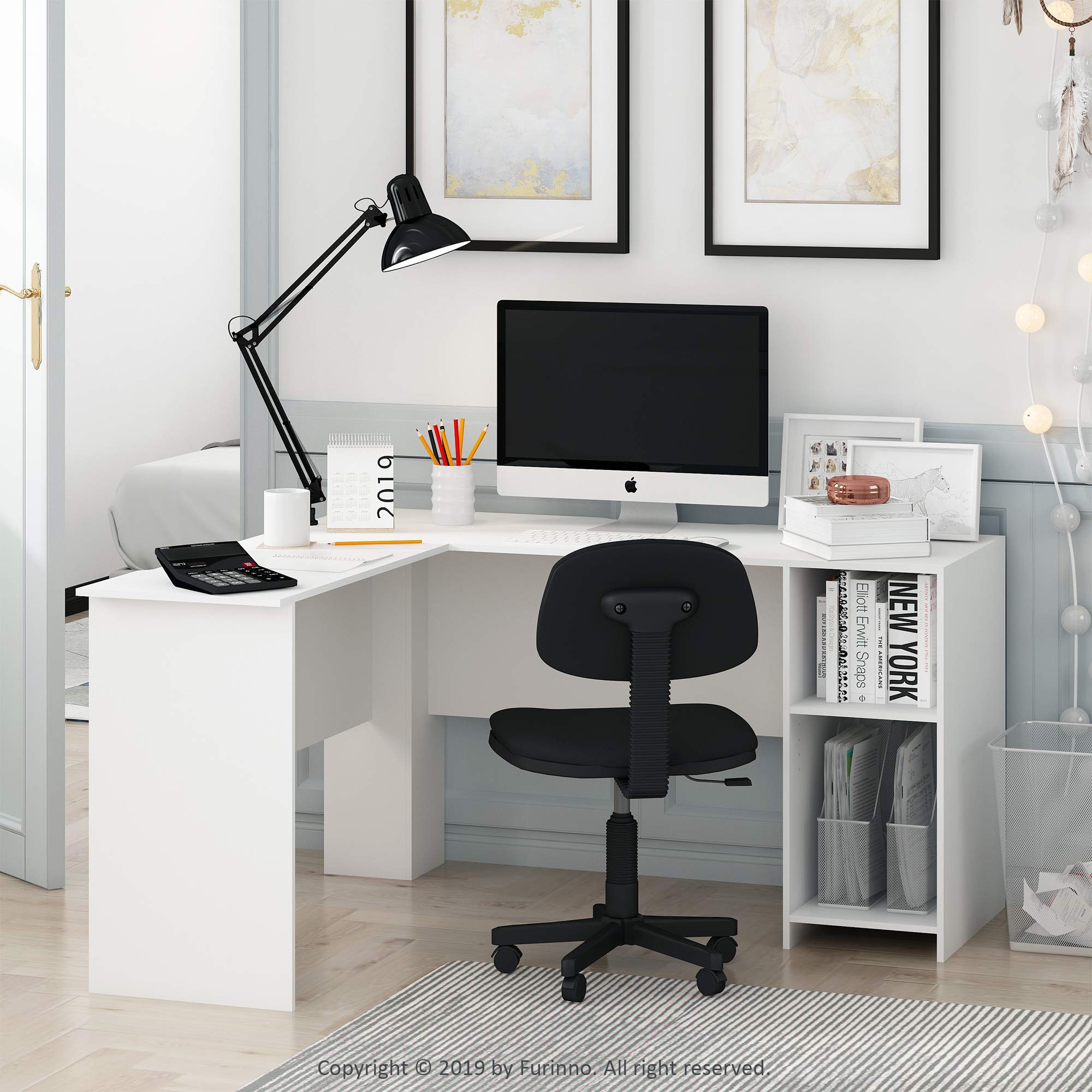 Furinno Indo L-Shaped Computer Desk with Bookshelf - White Home Office Desk for Small Spaces, Gaming & Study Workstation - Compact Corner Desk with Storage Shelf for PC, Laptop & Books