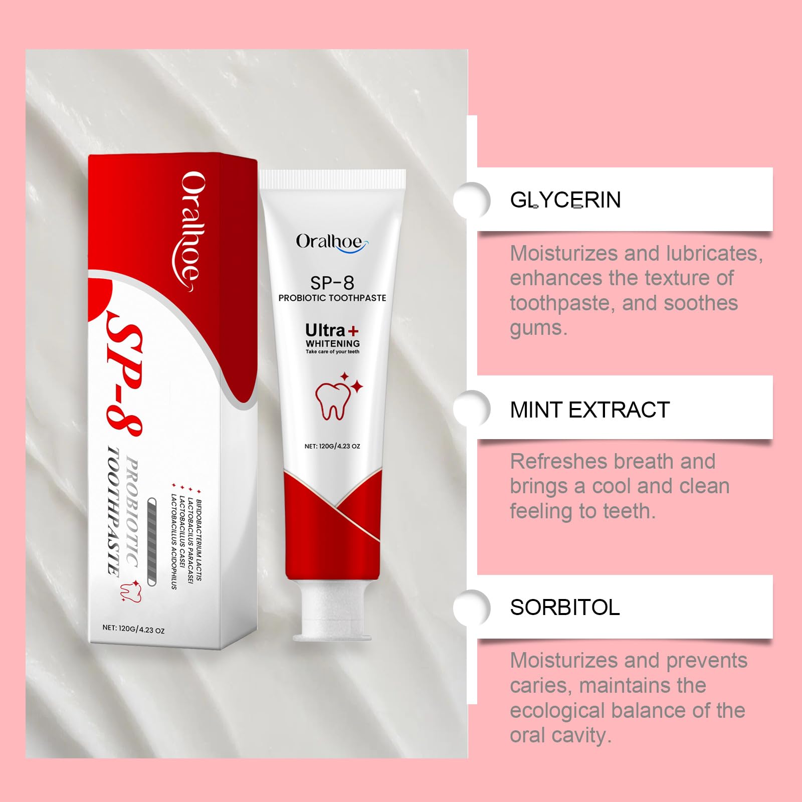 SP-8 Probiotic Whitening Toothpaste for Healthy Gums & Fresh Breath - Natural Non-Fluoride Mint Toothpaste (4.23oz) - Ideal for Daily Oral Care & Sensitive Teeth