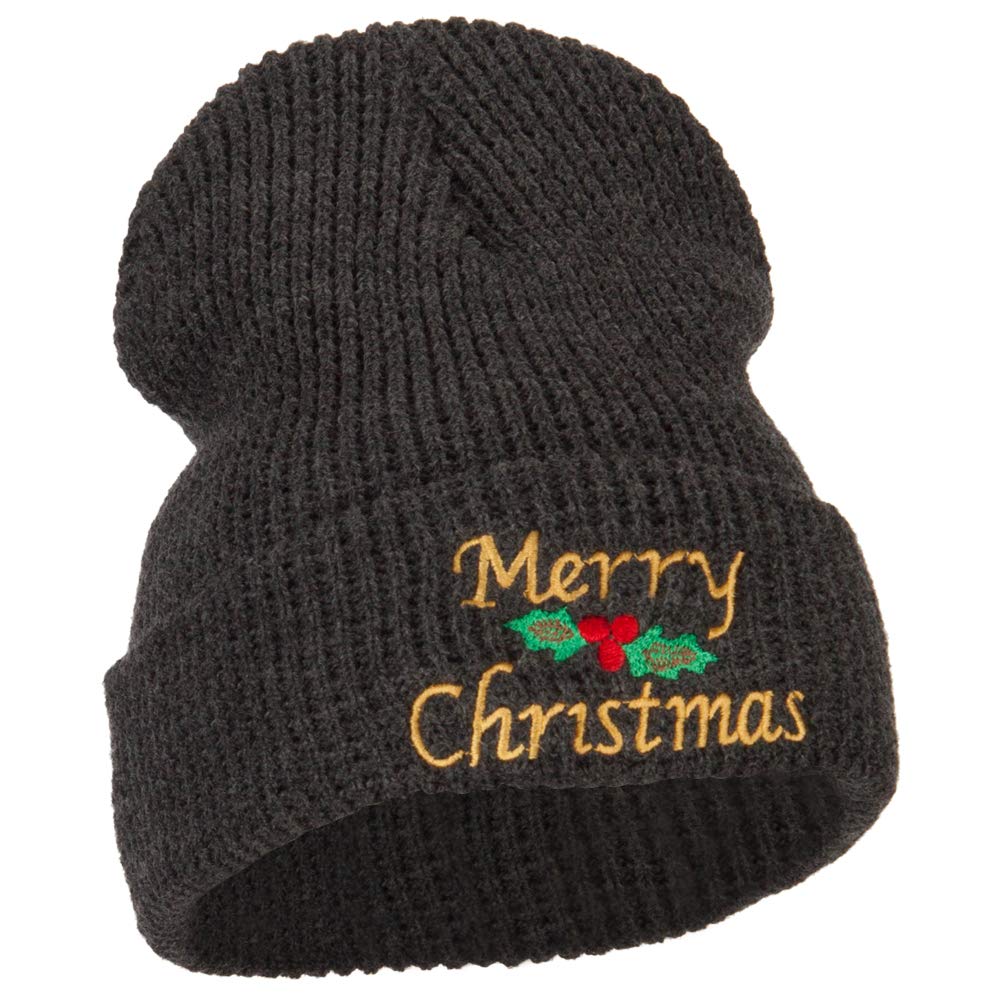 Merry Christmas Mistletoe Embroidered Stretchy Waffle Cuff Beanie Hat - Cozy Winter Knit Cap for Holiday Parties & Outdoor Activities | e4Hats.com