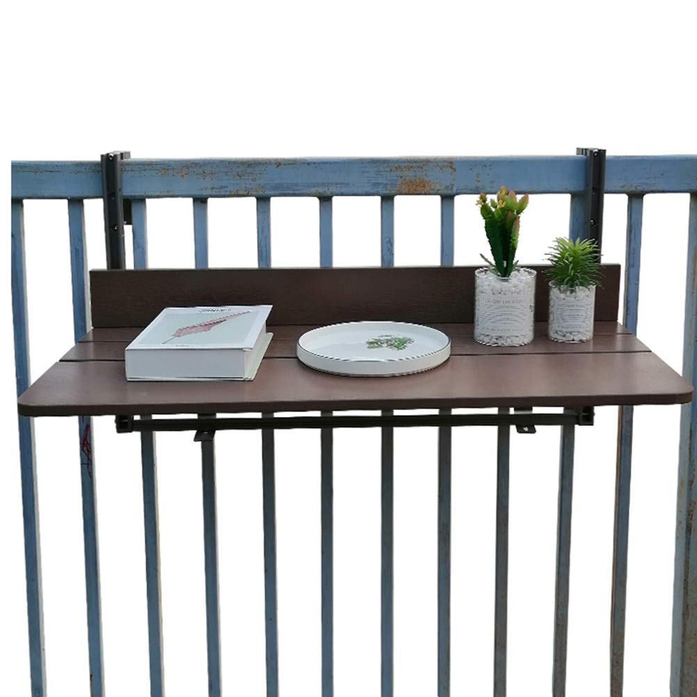 Foldable Balcony Hanging Table - Adjustable Height Outdoor Railing Bar Serving Tray | Durable Weatherproof Material for Patio, Garden & Deck | Perfect for Coffee, Breakfast or Relaxing Outdoors (Brown, 60x27cm)