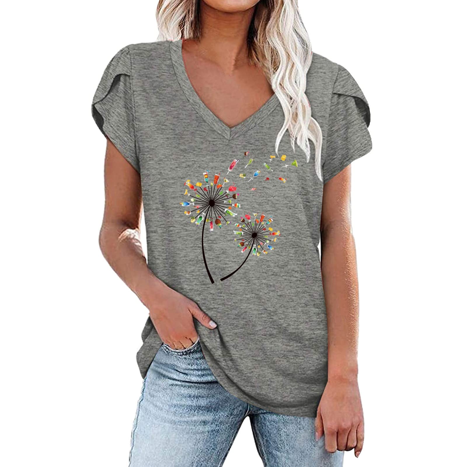 Elegant Women's V-Neck Petal Sleeve Blouse with Dandelion Print - Flowy Tops for Office, Date Night & Spring Outfits