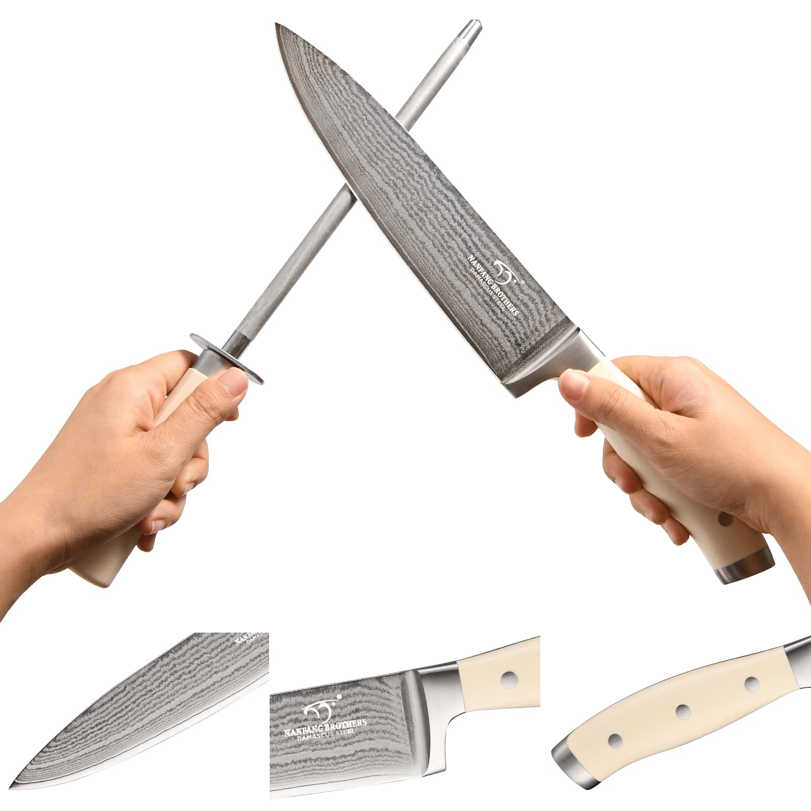 Premium 14-Piece Damascus Steel Knife Set with Wooden Block - Ergonomic ABS Handle, Knife Sharpener & Kitchen Shears - Professional Chef Knives for Chopping, Slicing, Dicing - Perfect for Home Cooking, Restaurant & Gourmet Food Preparation