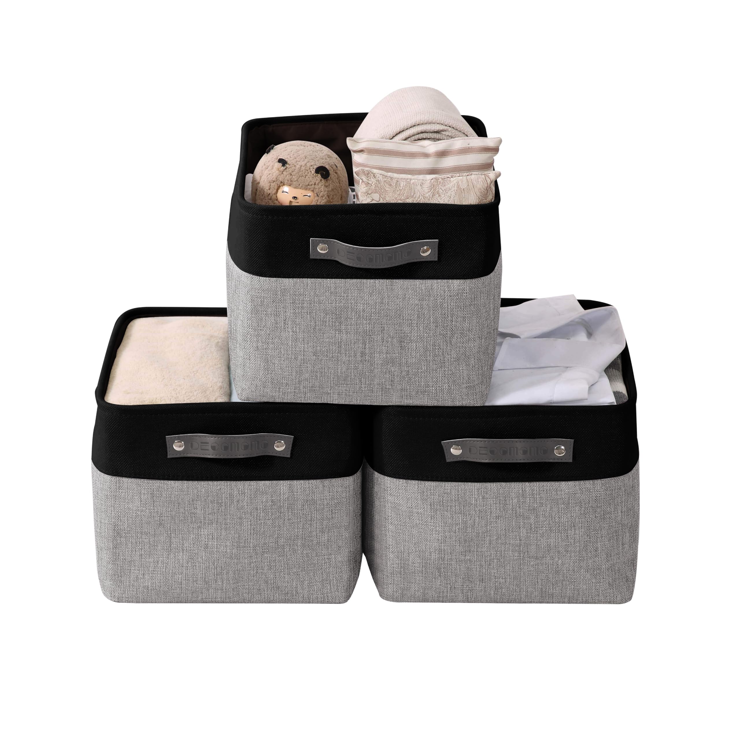 Decomomo Fabric Storage Bins - Large 3-Pack Grey & Black Closet Organizer Baskets for Shelves, Toys, Nursery, and Home Organization | Perfect for Bedroom, Playroom, and Office Storage Solutions