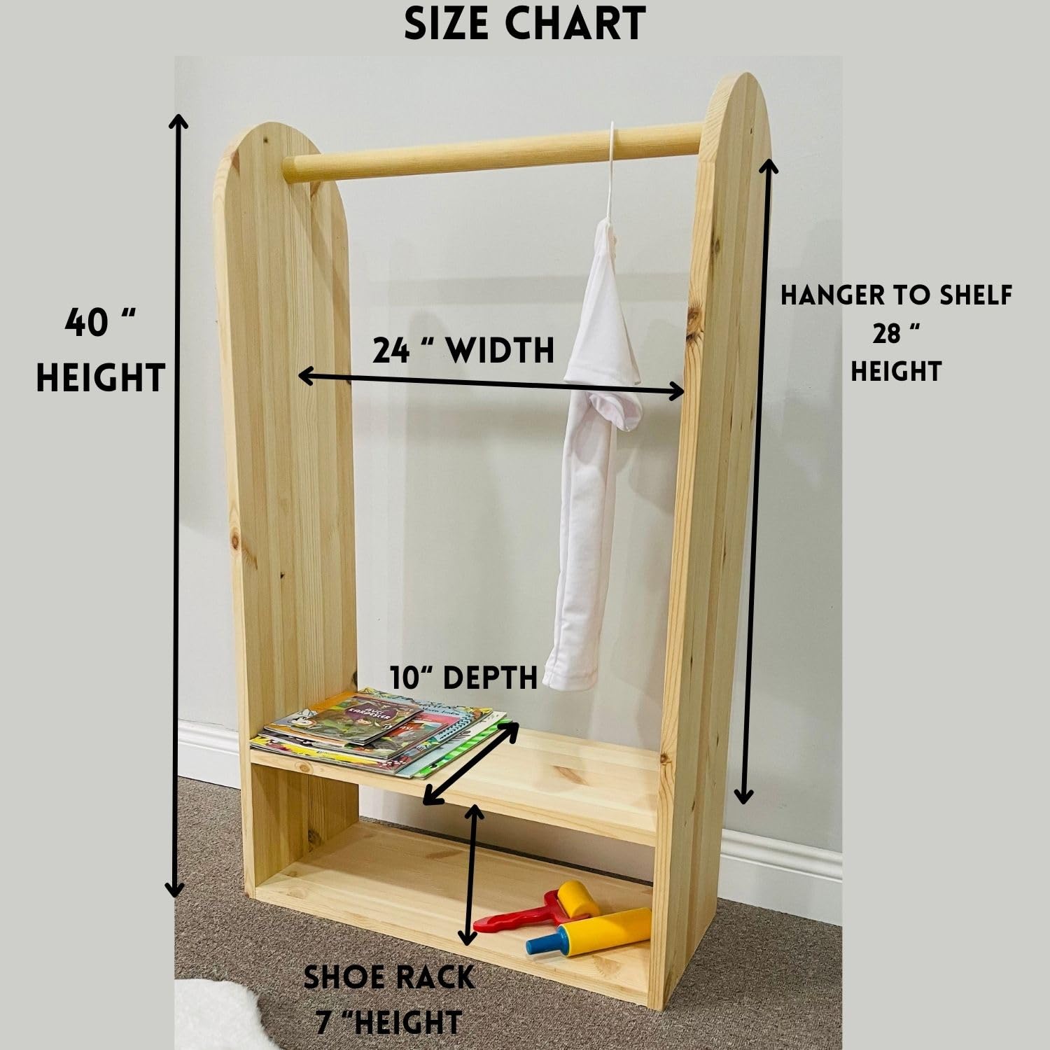 Montessori Dress Up Clothes Storage for Girls - Handmade Solid Pine Wood Wardrobe with Hanging Rod - Kids Clothing Rack & Toddler Garment Organizer for Bedroom - Perfect for Pretend Play & Nursery Organization