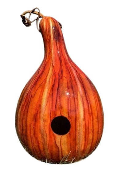 Amish Handcrafted Orange & Honey Psychedelic Striped Gourd Bird House - Unique Garden Decor for Backyard Bird Watching & Nature Lovers