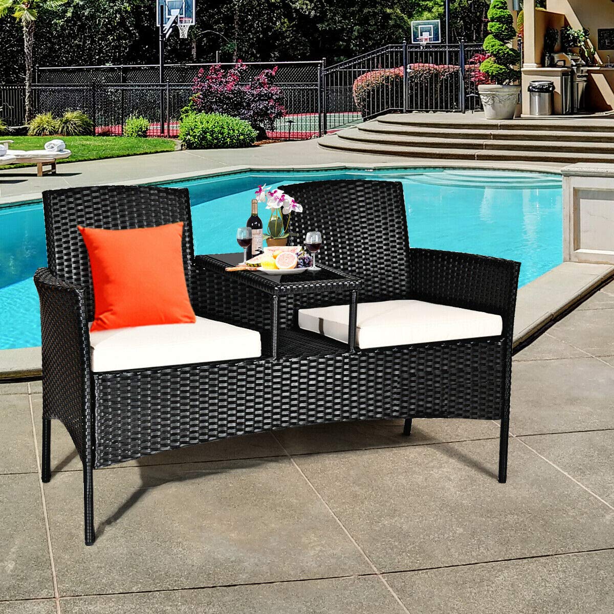 RELAX4LIFE Outdoor Rattan Wicker Conversation Set with Coffee Table & 2 Removable Cushion Chairs - Patio, Garden, Balcony Furniture for Relaxing - Loveseat in Black & Beige - Perfect for Backyard, Porch or Poolside Lounging