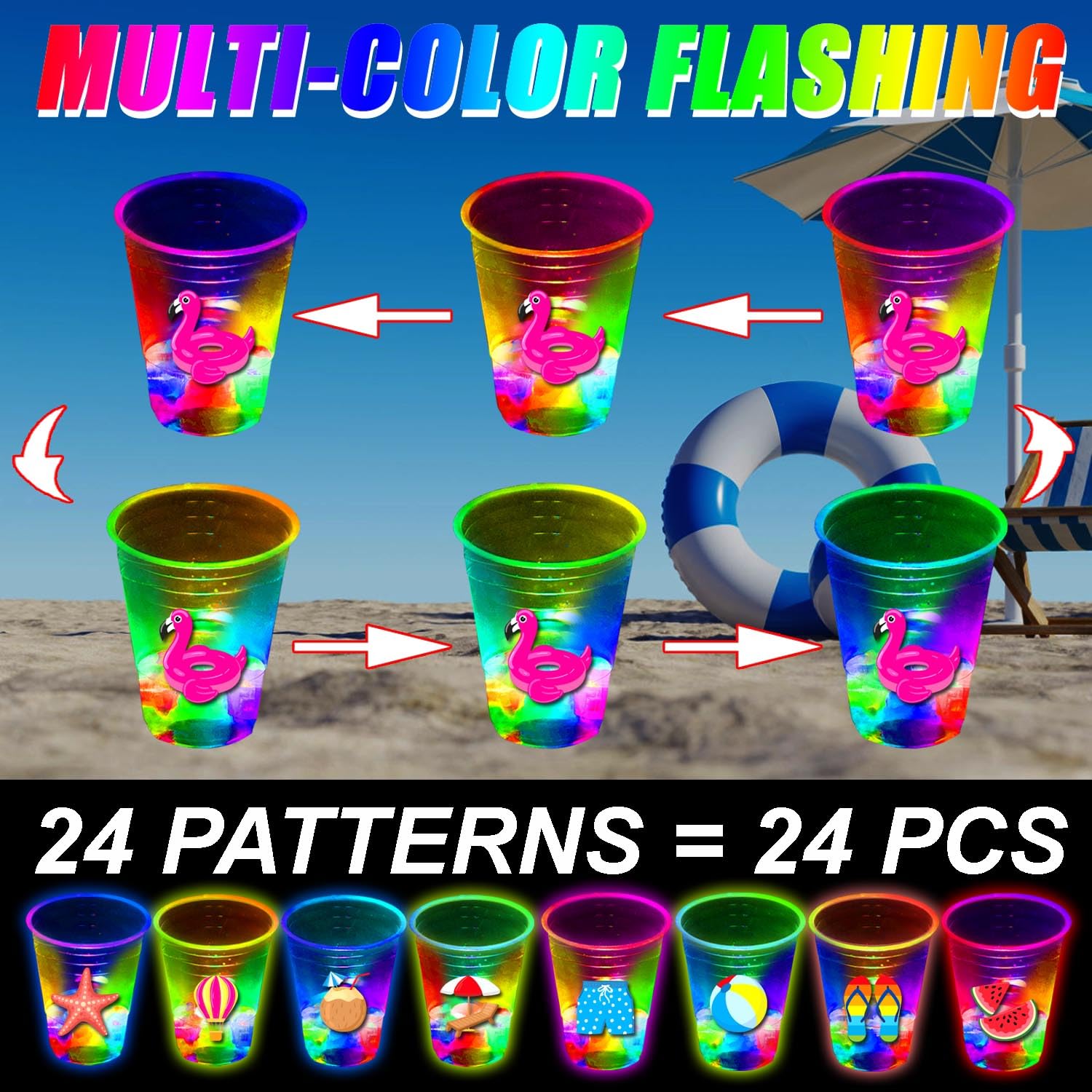 24 Pcs Fun Beach Party Decorations - Glow Theme Cups, Summer Pool Birthday Party Supplies, Tiki Bar Drinkware for Day & Night (16 oz, 24 Patterns) - Perfect for Luau, Pool Parties & Summer Celebrations