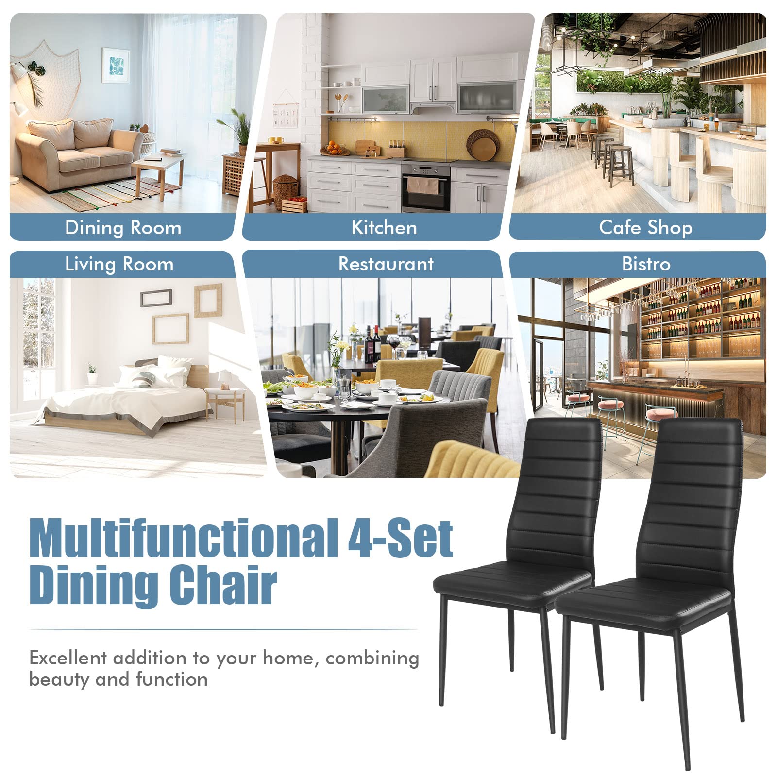 Giantex Set of 4 Upholstered Dining Chairs with Stain-Resistant PVC Leather, Non-Slip Foot Pads - Easy to Clean & Assemble, High Back Kitchen & Dining Room Chairs (Black) - Perfect for Home, Restaurant, and Office Use