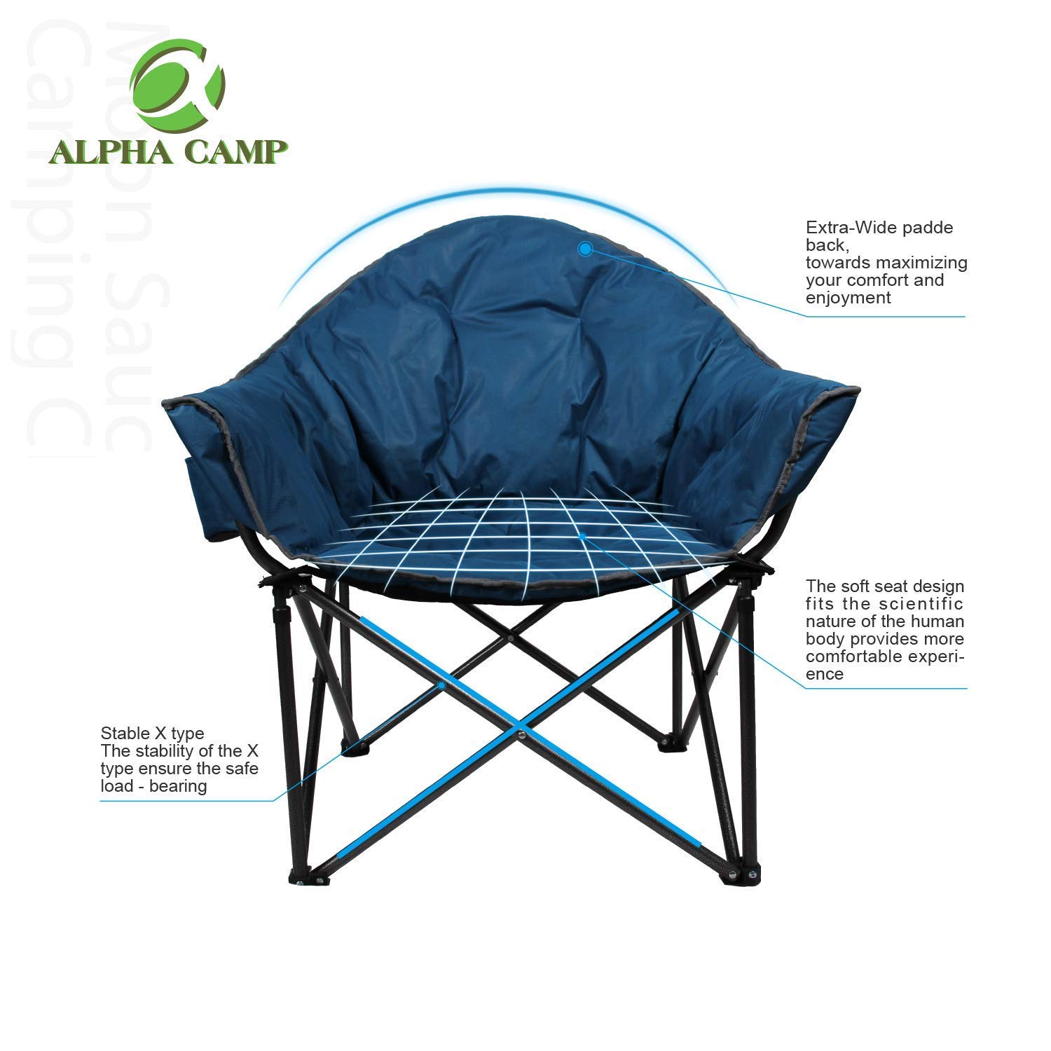 ALPHA CAMP Oversized Padded Moon Saucer Camping Chair - Portable Round Recliner with Cup Holder & Carry Bag for Outdoor, Beach, Picnic, and Backyard Relaxation