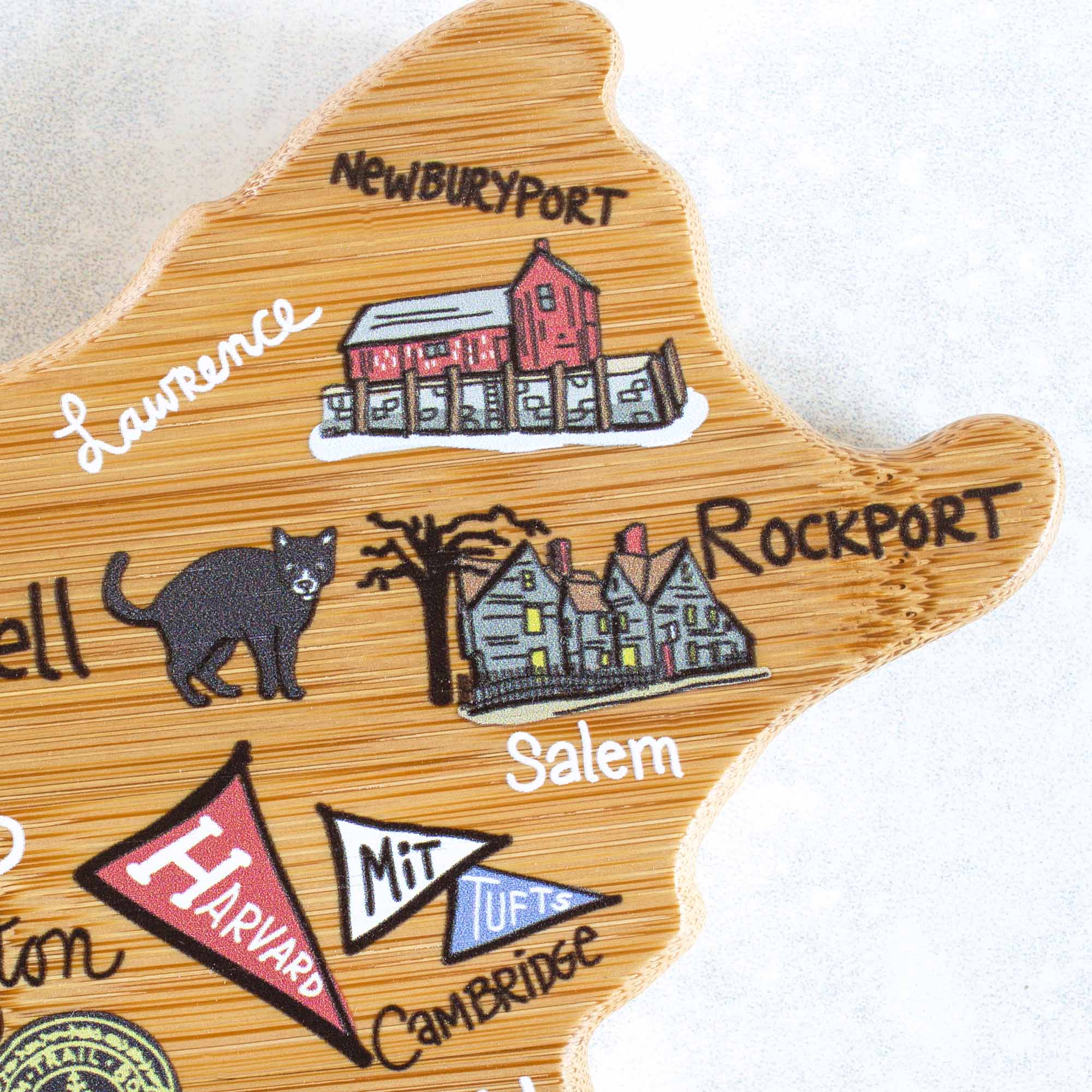 Premium Massachusetts-Themed Wooden Cutting Board with Fish Kiss™ Artwork - Perfect for Kitchen Decor, Gift Giving & Home Use
