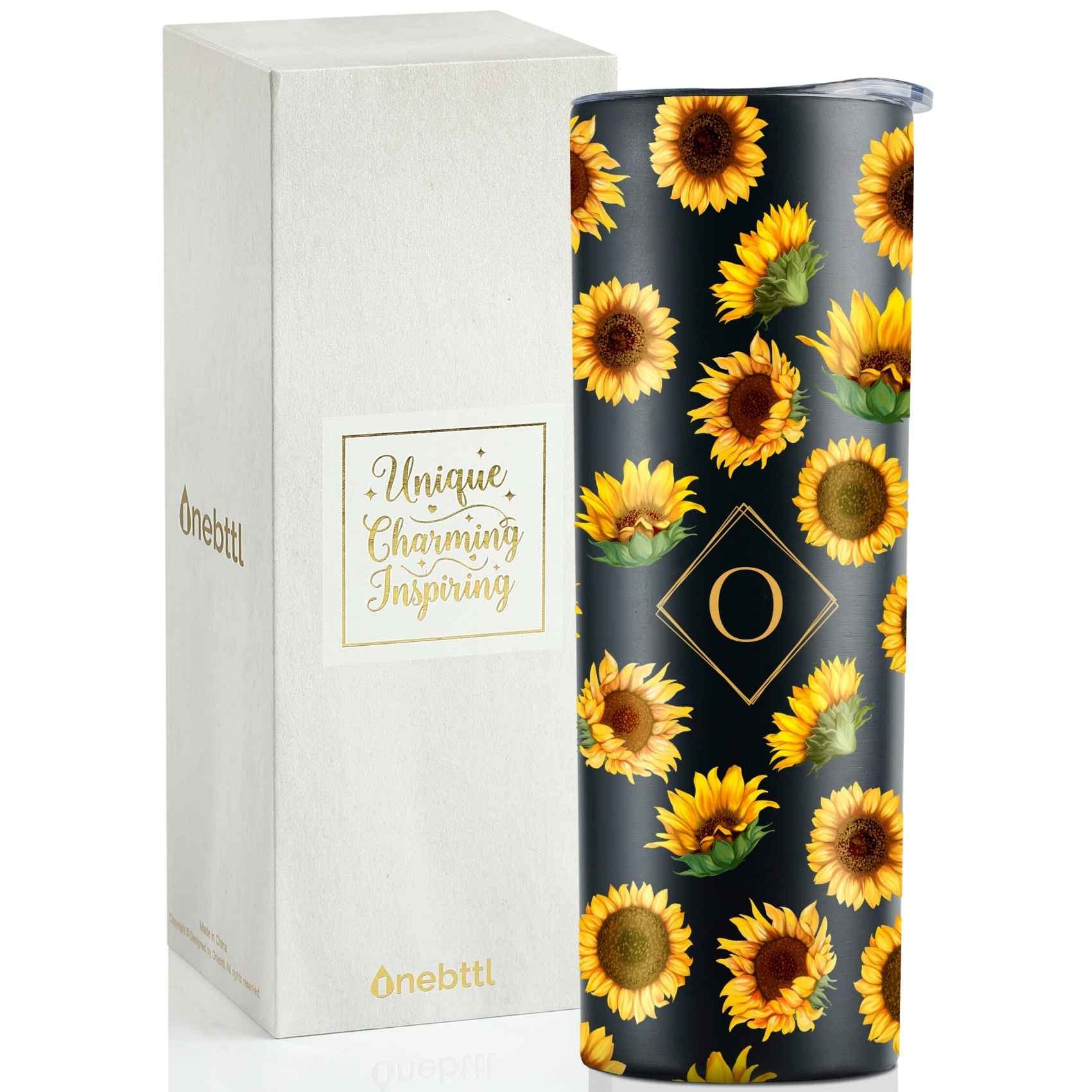 Personalized Sunflower Gifts - 20oz Custom Initial Stainless Steel Wine Tumbler with Floral Design | Perfect Birthday, Christmas & Mother's Day Present for Women & Girls | Great for Home, Office & Outdoor Use