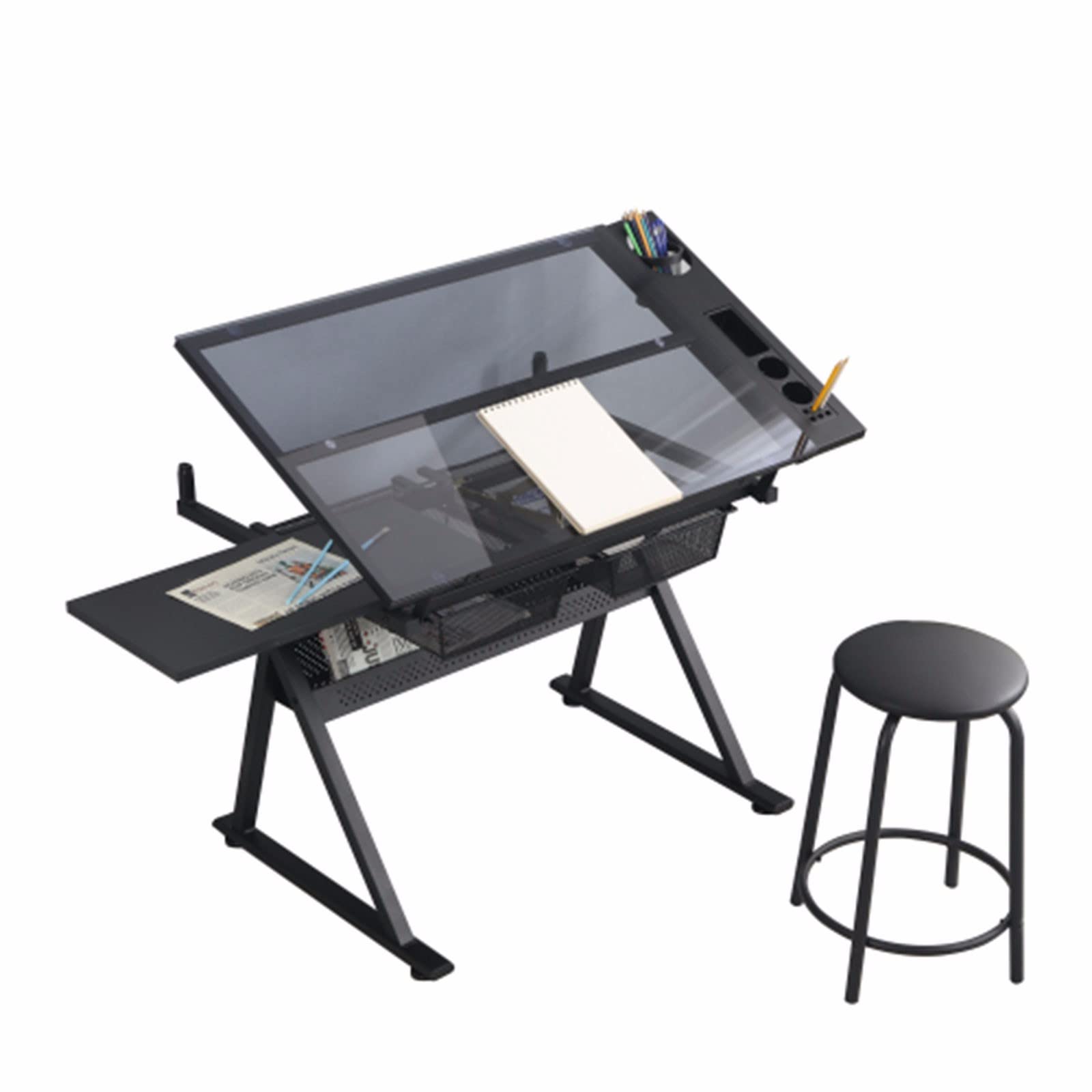 Adjustable Tempered Glass Drafting Table - Small Office Desk for Printing & Drawing | Perfect for Home Office, Studio & Workspace