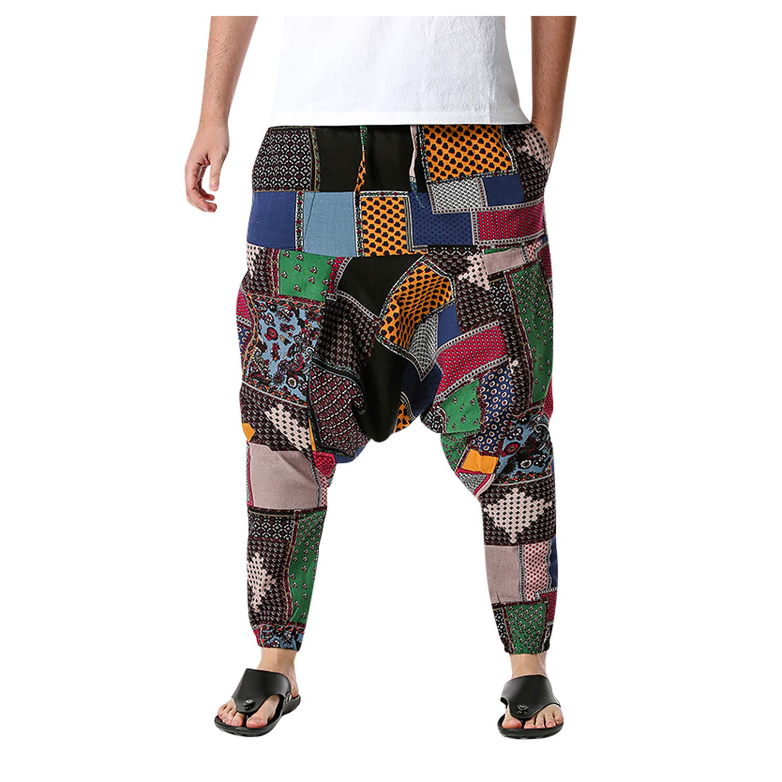 TTQVQ Men's Elastic Waist Cotton-Linen Casual Pants - Lightweight Loose Fit Harem Trousers for Home, Hip Hop & Streetwear | Perfect for Lounge, Yoga & Summer Outfits
