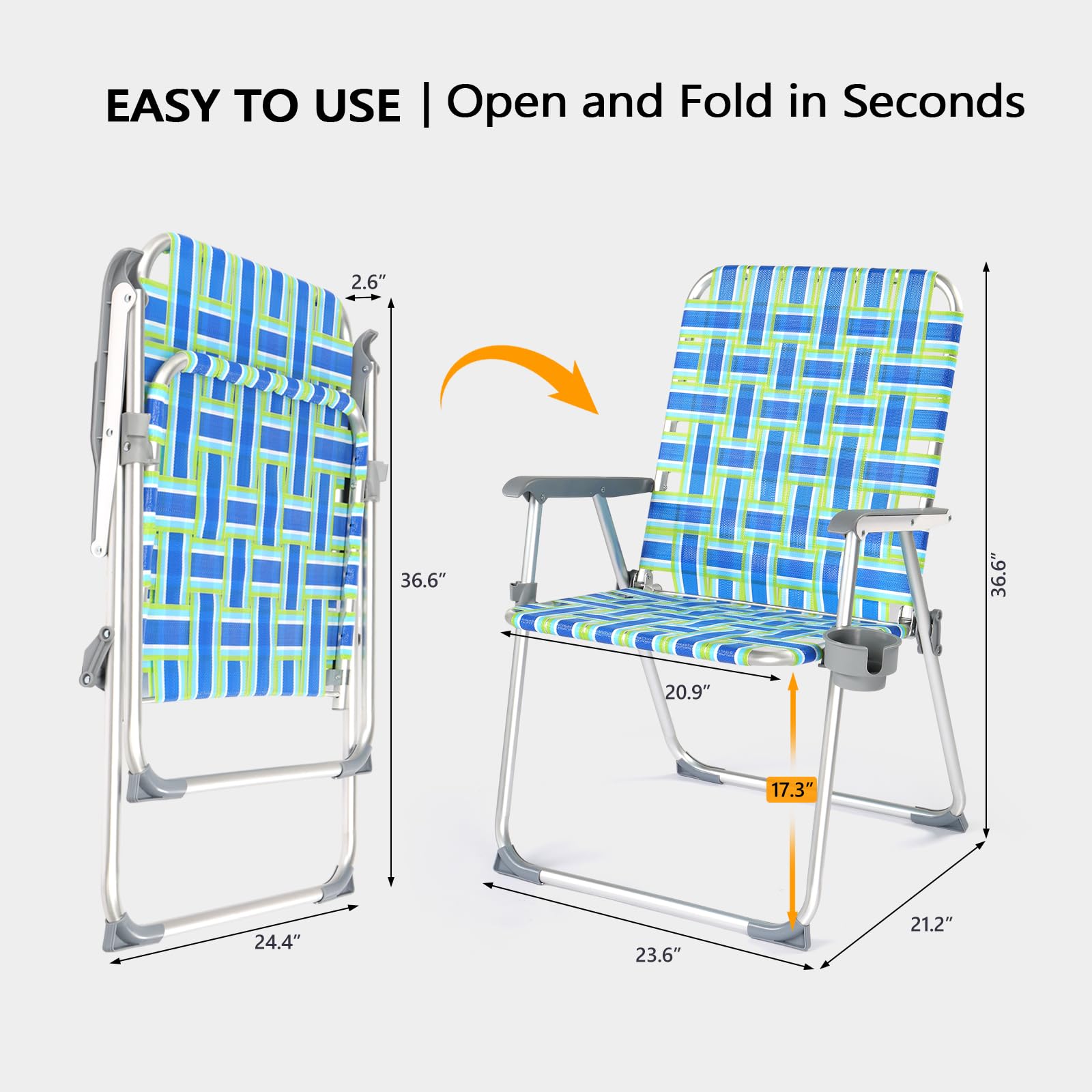 VINGLI 2 Pack Folding Aluminum Webbed Oversized Lawn Chairs - Heavy Duty 300LBS Capacity Beach Chairs for Adults with Detachable Cup Holder, Portable Patio Chairs for Yard, Garden, Poolside & Outdoor Relaxation (Blue/Green)