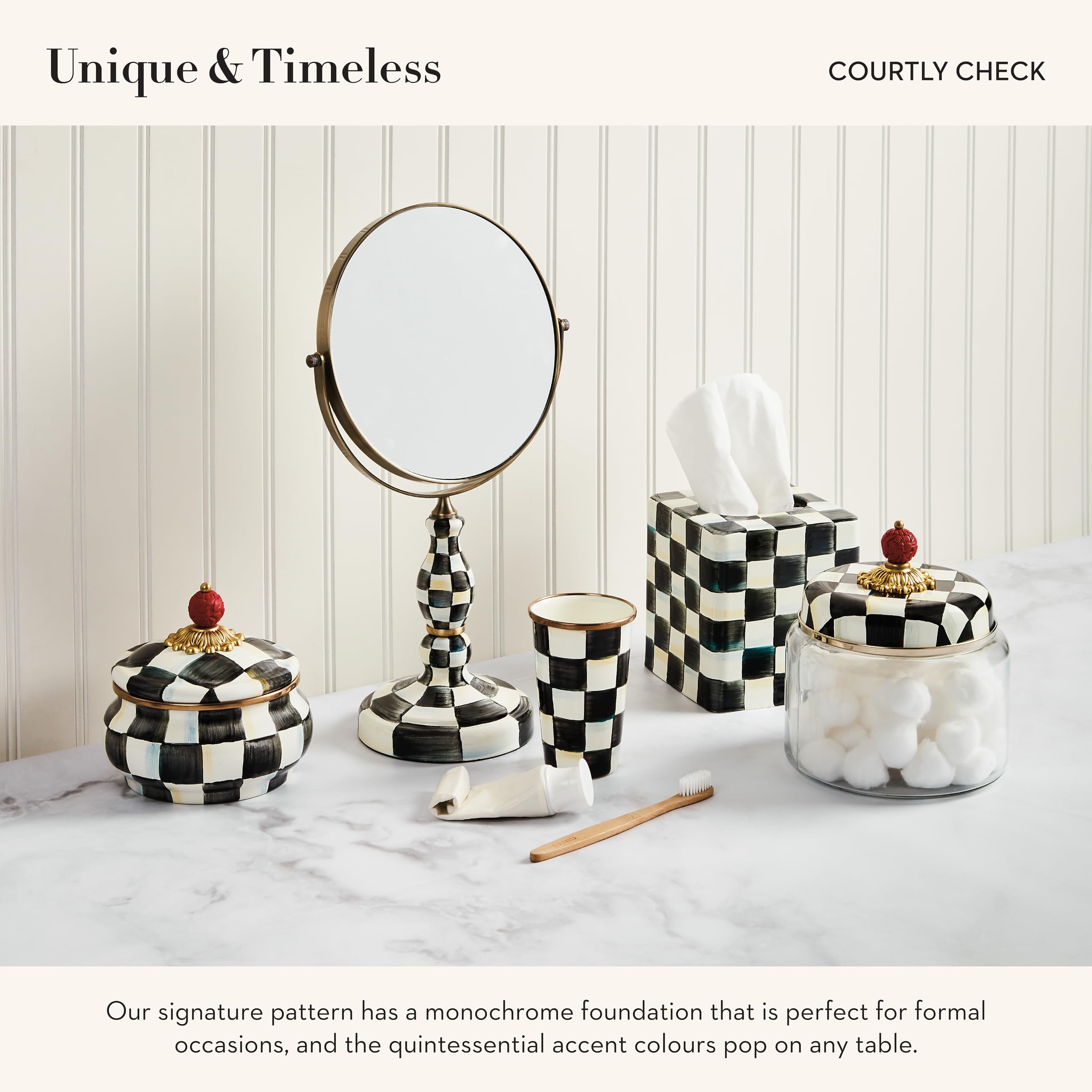 MACKENZIE-CHILDS Enamel Squashed Pot with Lid - 20oz Black & White Courtly Check Design - Cute Enameled Container for Kitchen Storage, Picnics & Home Decor