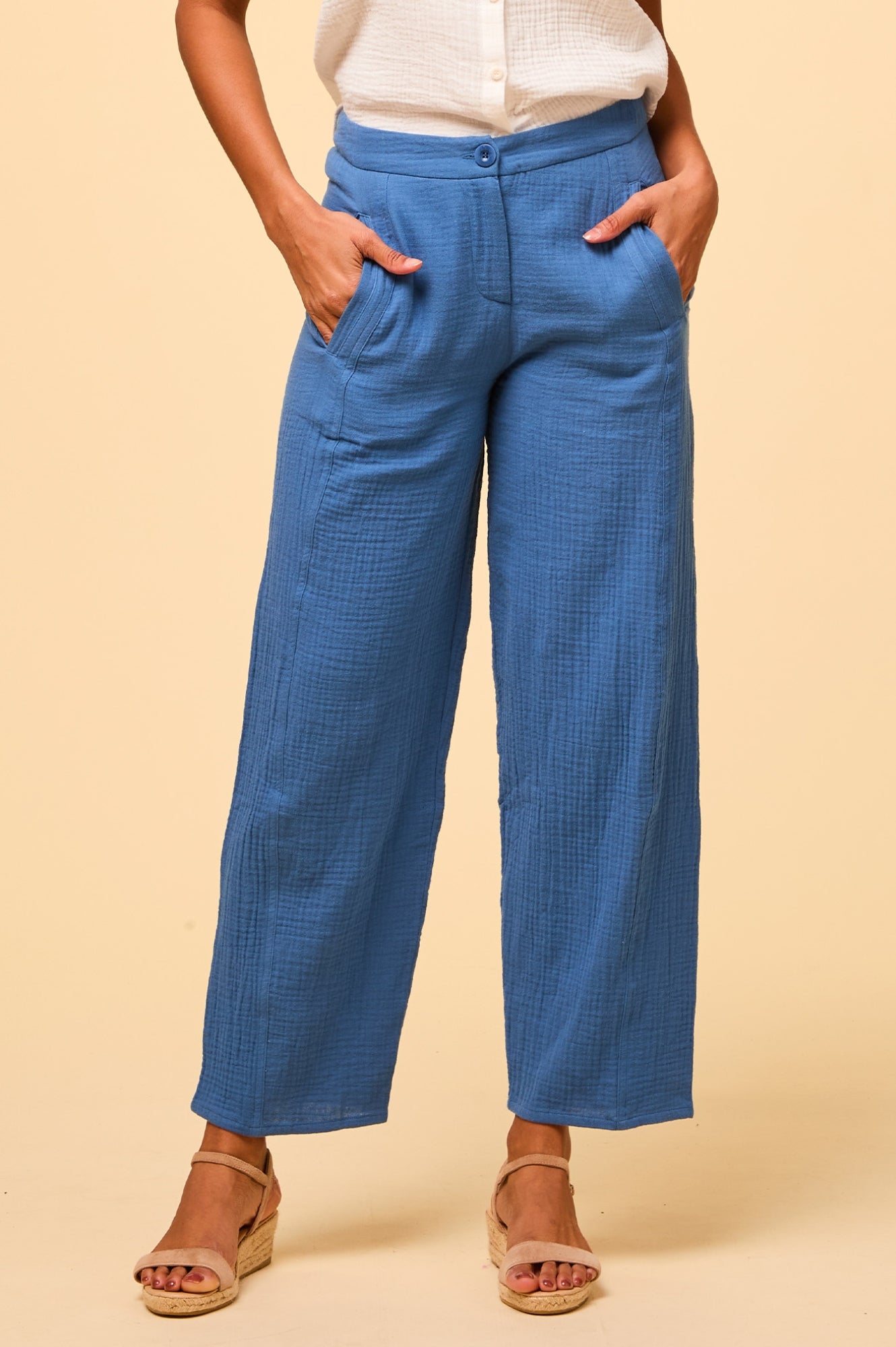 Libby Cheesecloth Trousers for Women - Marina Blue Linen Pants | Comfortable Summer Casual Wear for Beach, Travel & Everyday Outfits