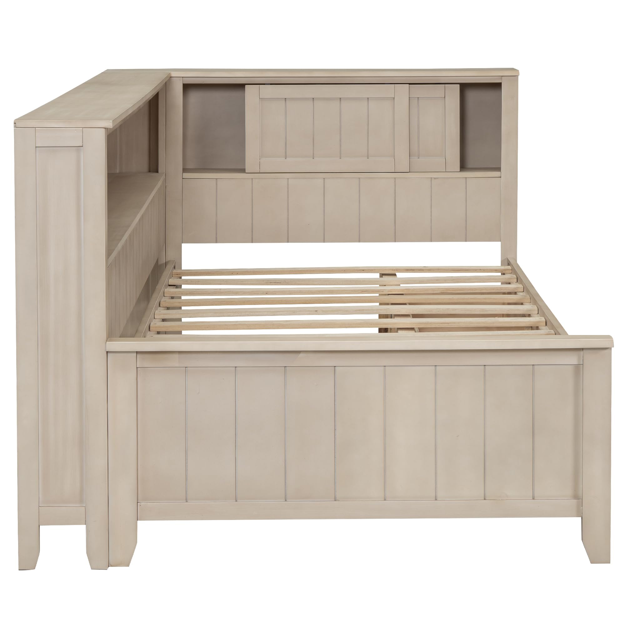 HABITRIO Twin Size Daybed Frame with Storage Shelves & 3 Drawers - Solid Wood Platform Bed with Antique White Finish - Perfect for Guest Rooms, Kids' Bedrooms & Small Spaces