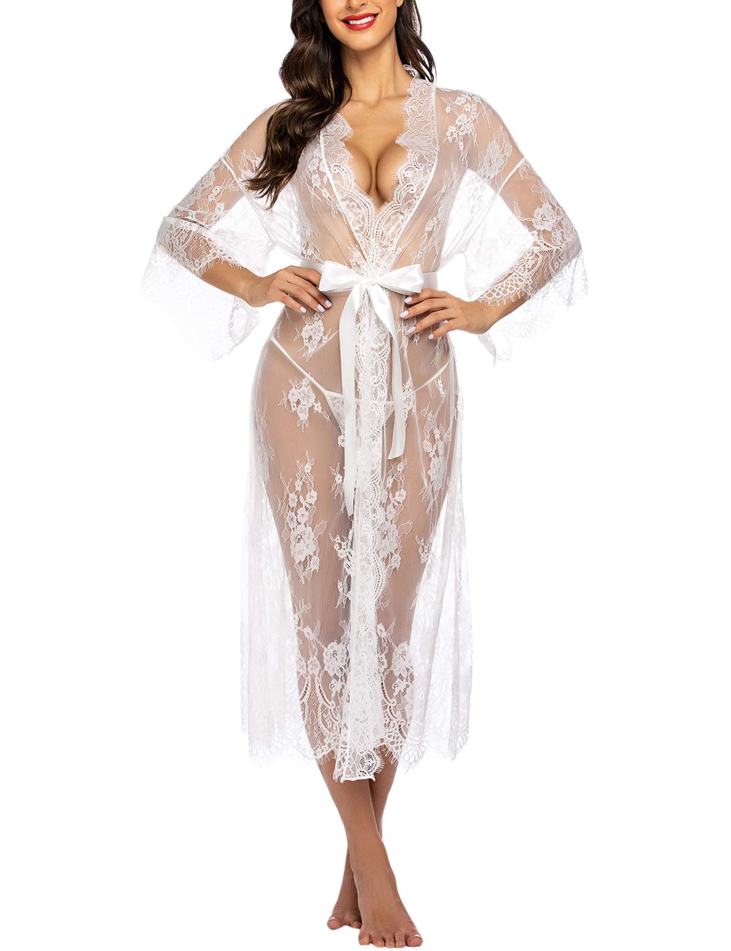 Avidlove Women's Sexy Long Lace Lingerie Kimono Robe - Sheer Babydoll Nightgown & Nightdress for Boudoir, Bridal Shower, Honeymoon & Romantic Occasions