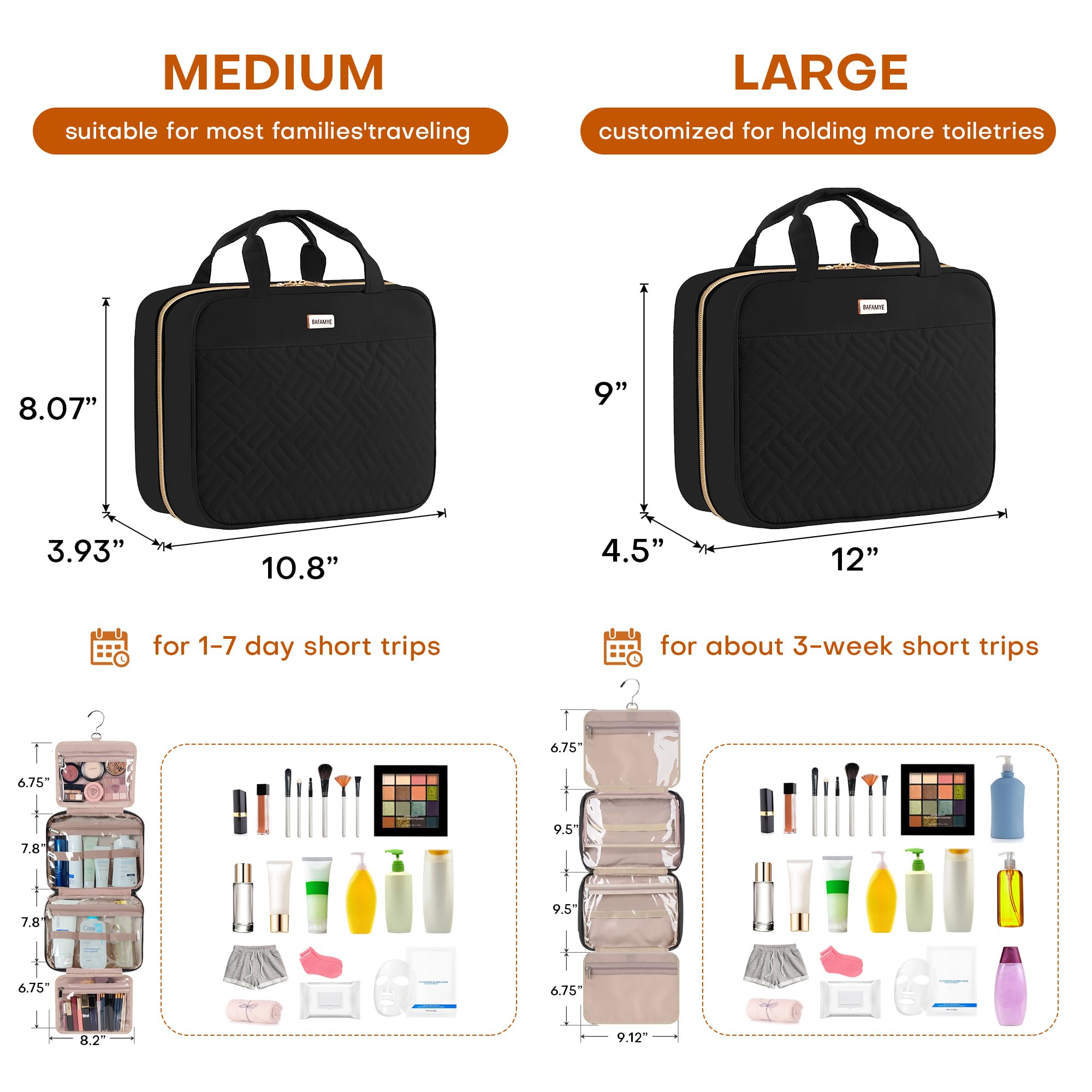 8L Waterproof Hanging Toiletry Bag for Women - 2.1 Gallon Travel Cosmetic Organizer with Hook for Shampoo, Makeup & Toiletries (Black) - Perfect for Camping, Gym & Airplane Carry-on