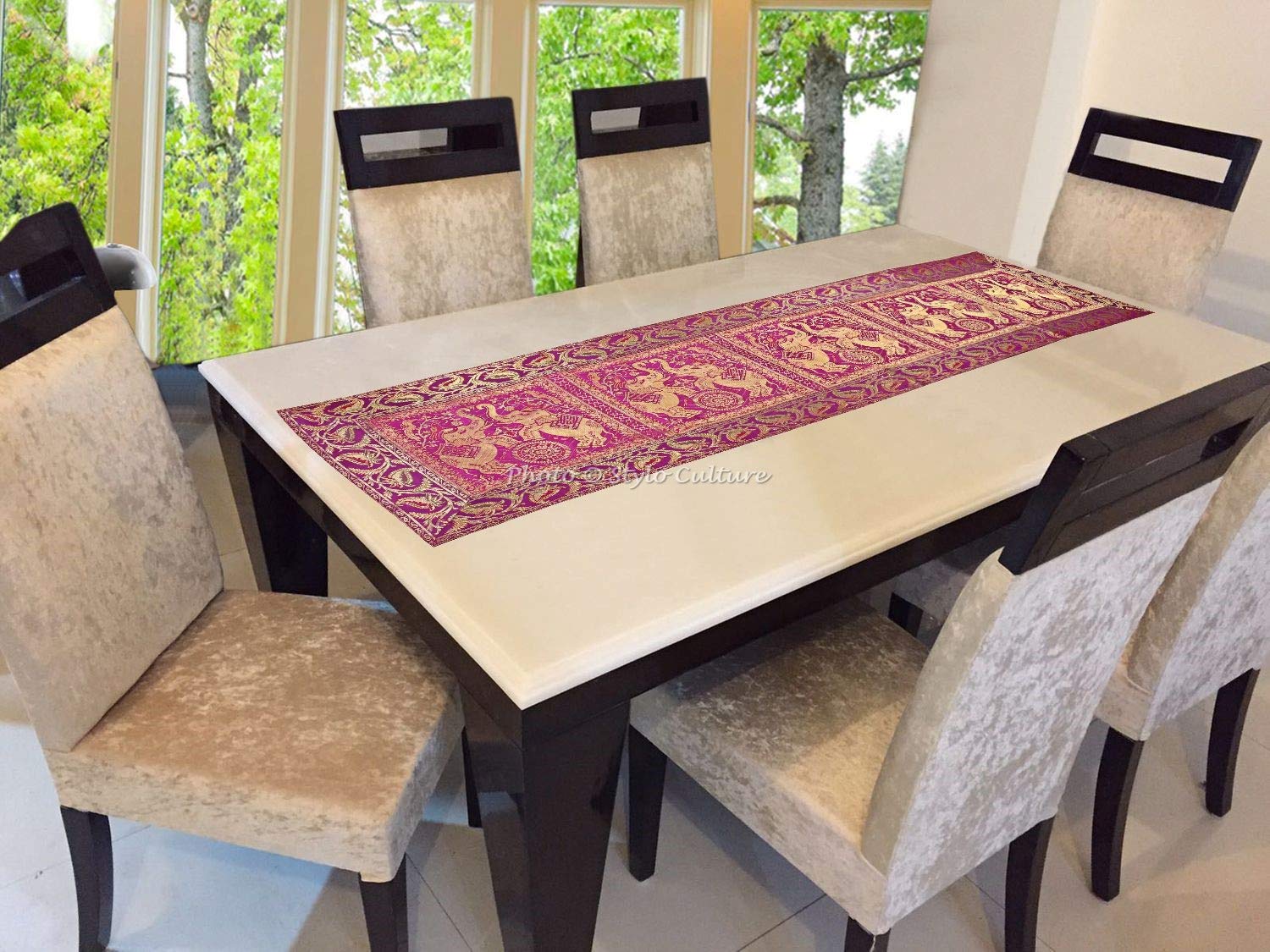 Bohemian Ethnic Brocade Jacquard Table Runner - 60x16 Inches (152x40 cm) Magenta Rectangular Dining Table Cloth with Elephant Floral Design | Perfect for Traditional Home Decor, Wedding Centerpieces & Festival Table Settings