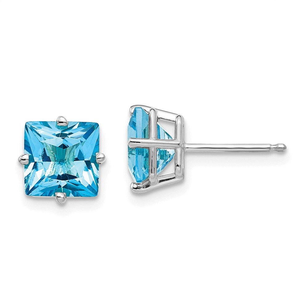 FB Jewels 14K White Gold Princess Cut Blue Topaz Stud Earrings – 7mm Gemstone Jewelry for Women, Perfect for Weddings, Parties & Gift Giving