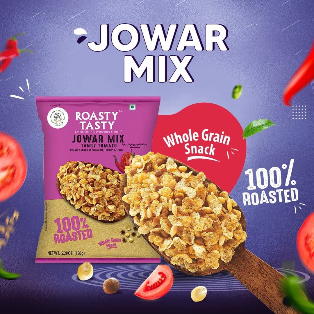 Roasty Tasty Jowar Mix Tangy Tomato Flavor 200g | Healthy Low Calorie Snack | Crunchy Millet Snack with Jowar Flakes & Seeds | Cholesterol Free & Transfat Free | Palm Oil Free Namkeen | Perfect for Office Snacking, Road Trips & Healthy Lifestyle