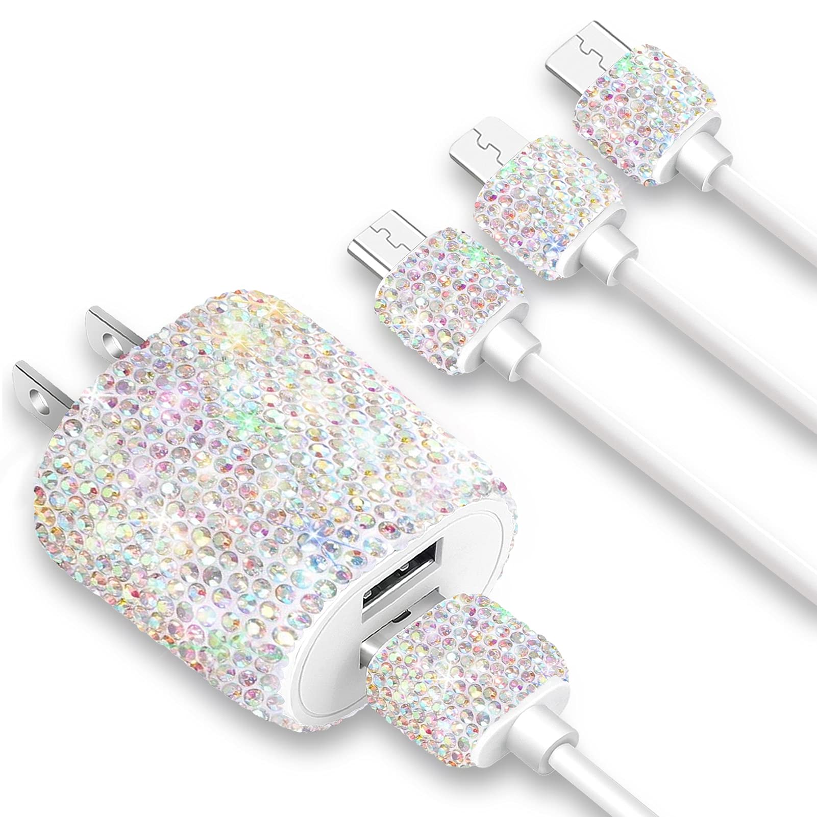 Fast Charging 3-in-1 USB Wall Charger with Crystal Bling - Multi Charger Block for iPhone, Android, Samsung (Micro USB/Type C) - Perfect for Travel, Office & Home Use - Stylish Phone Accessories for Women & Girls (Multicolor)