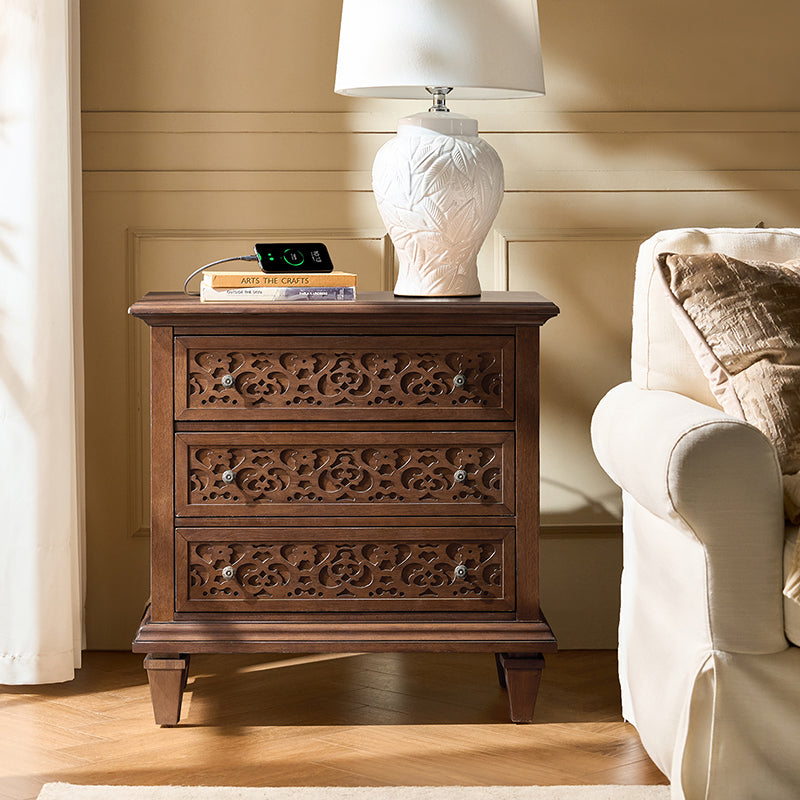 3-Drawer Nightstand with Built-In USB Outlets & Power Strip - Modern Bedside Table for Charging Devices - Perfect for Bedrooms, Guest Rooms & Small Spaces