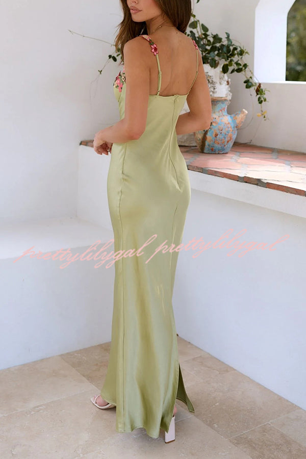 Endless Love Satin Embroidered Floral Trim Strap Maxi Dress - Elegant Evening Gown for Weddings, Parties & Special Occasions