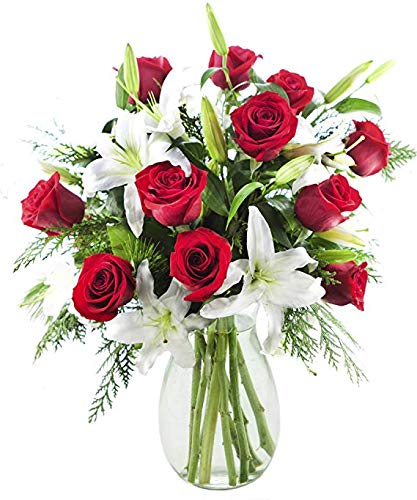 KaBloom PRIME NEXT DAY DELIVERY - Santa's Kiss Bouquet: Fresh White Lilies, Red Roses & Greens with Vase - Perfect for Birthdays, Valentine's Day, Mother's Day & Thank You Gifts | Elegant Home Decor & Romantic Occasions