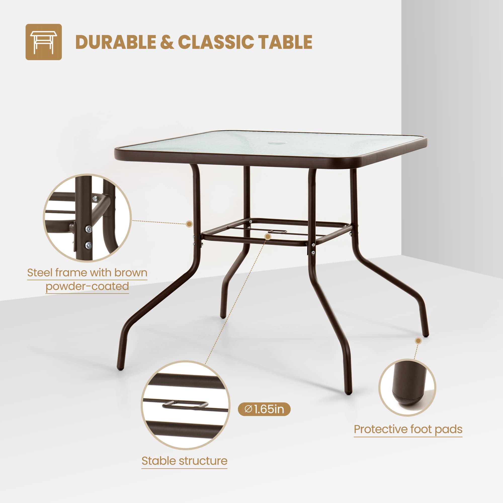Premium Outdoor Dining Table for 4 - Square Patio Table with Umbrella Hole | Durable Tempered Glass & Metal Bistro Set for Garden, Deck, Backyard, Lawn (Brown) | Perfect for Al Fresco Dining & Outdoor Entertaining