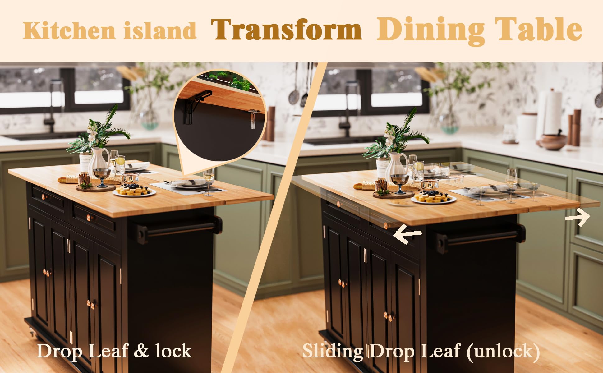 Rolling Kitchen Island with Drop Leaf - Mobile Kitchen Cart with Storage, Towel Rack & Drawers - Versatile Island Table for Small Kitchens, Dining Rooms & Apartments (Black) | Perfect for Extra Counter Space, Food Prep & Entertaining Guests